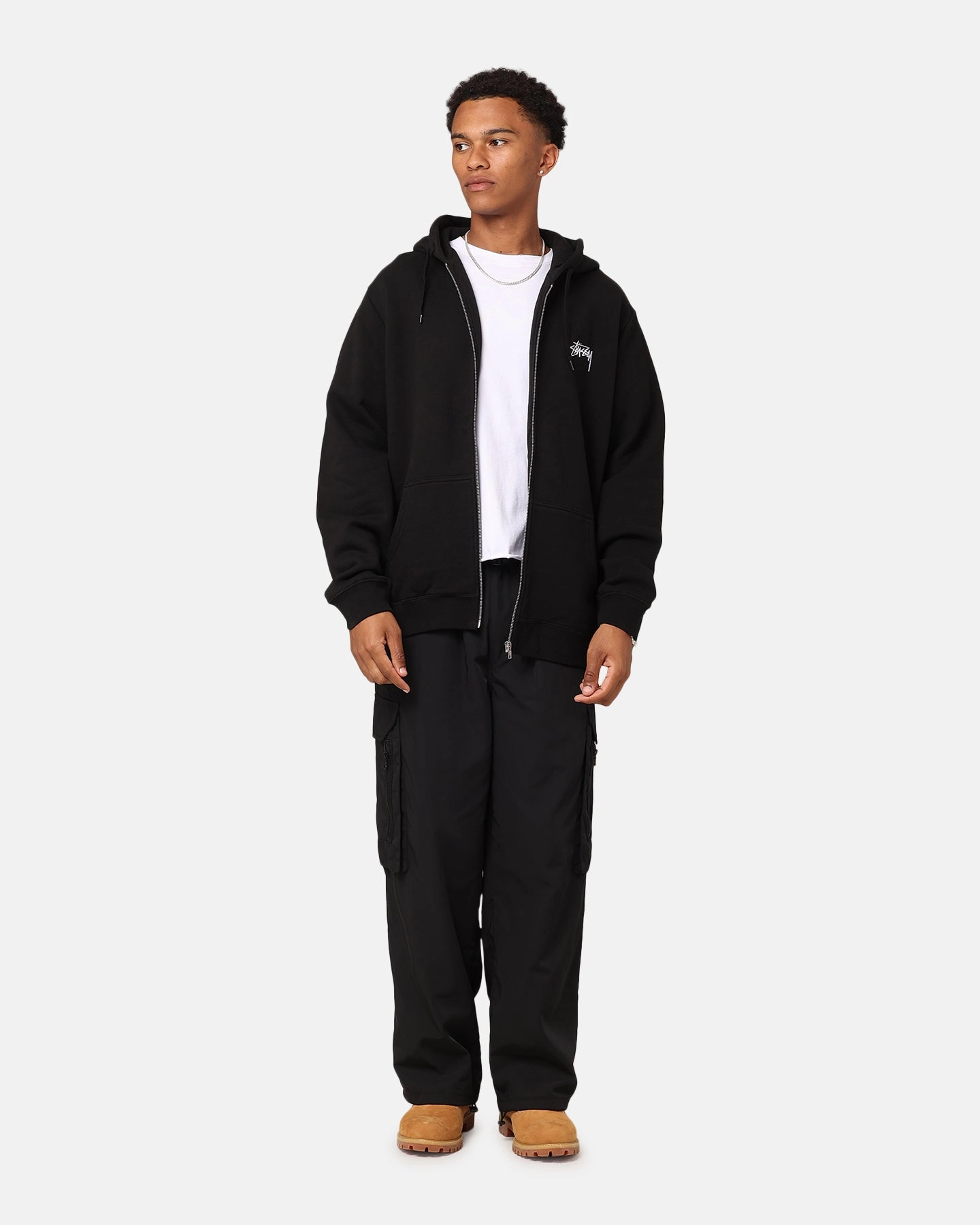 Stussy Stock Embroidery Full Zip Hoodie Black Winter Weather Protection Convertible Collar
