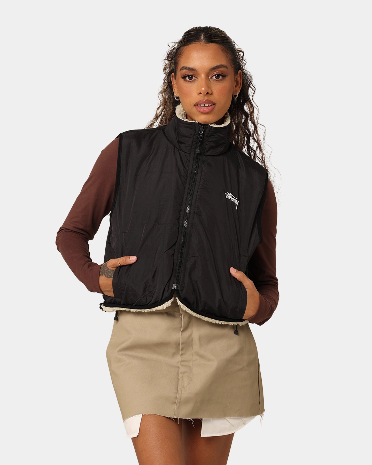 Anti Pill Treatment Sports use Stussy Women's 8 Ball Reversible Cropped Vest Black