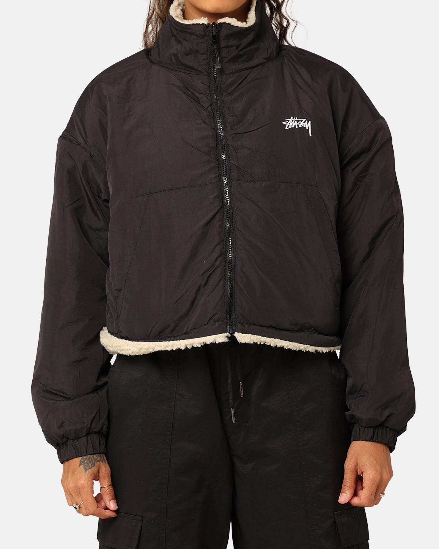 Articulated Elbows Stussy Women's 8 Ball Reversible Cropped Work Jacket Black