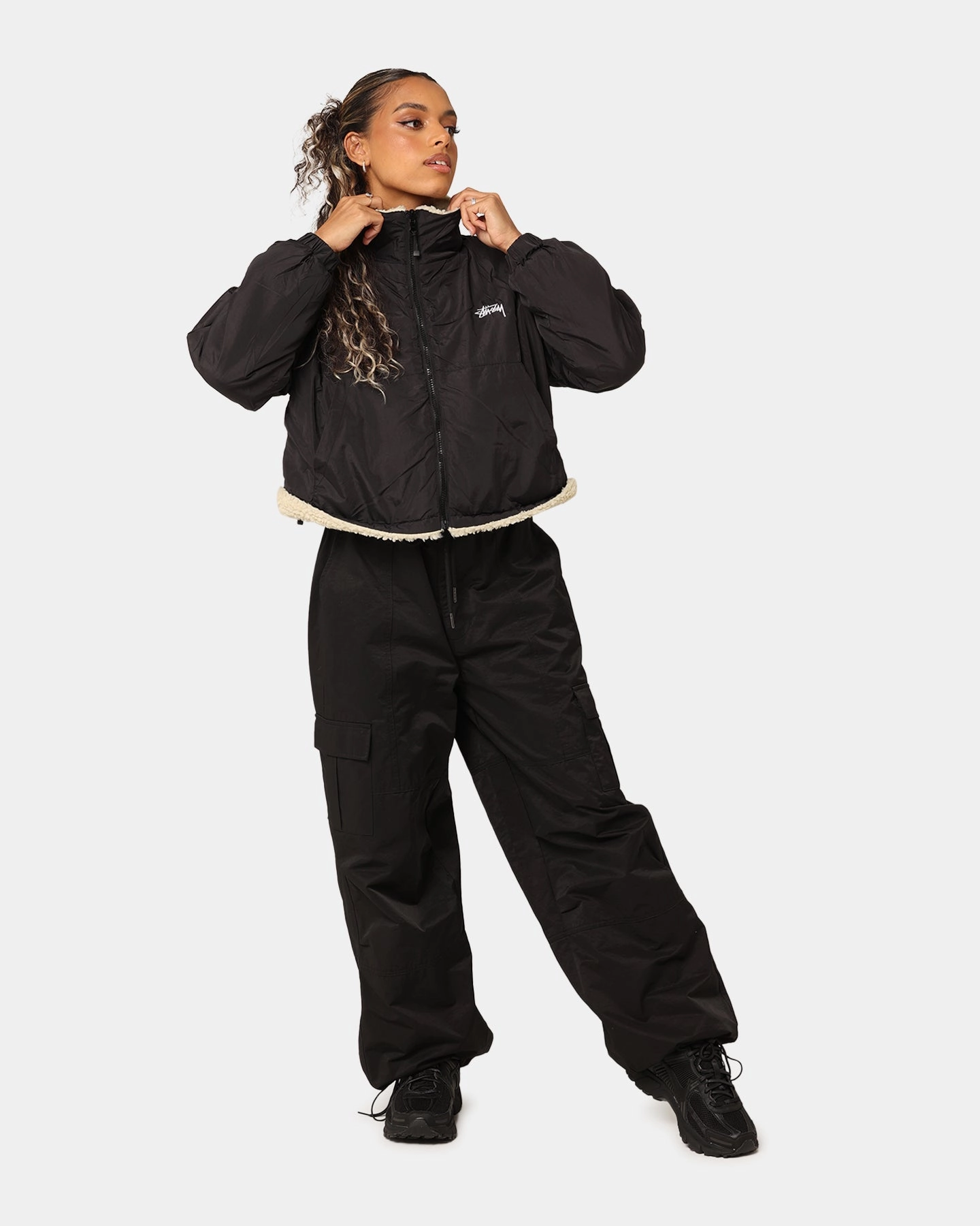 Save complementary item Stussy Women's 8 Ball Reversible Cropped Work Jacket Black