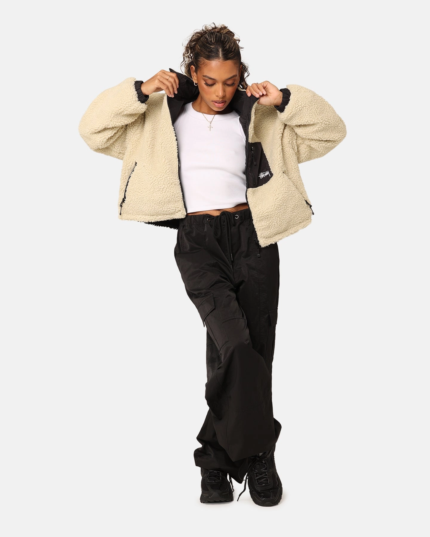 Stussy Women's 8 Ball Reversible Cropped Work Jacket Black Illustrate