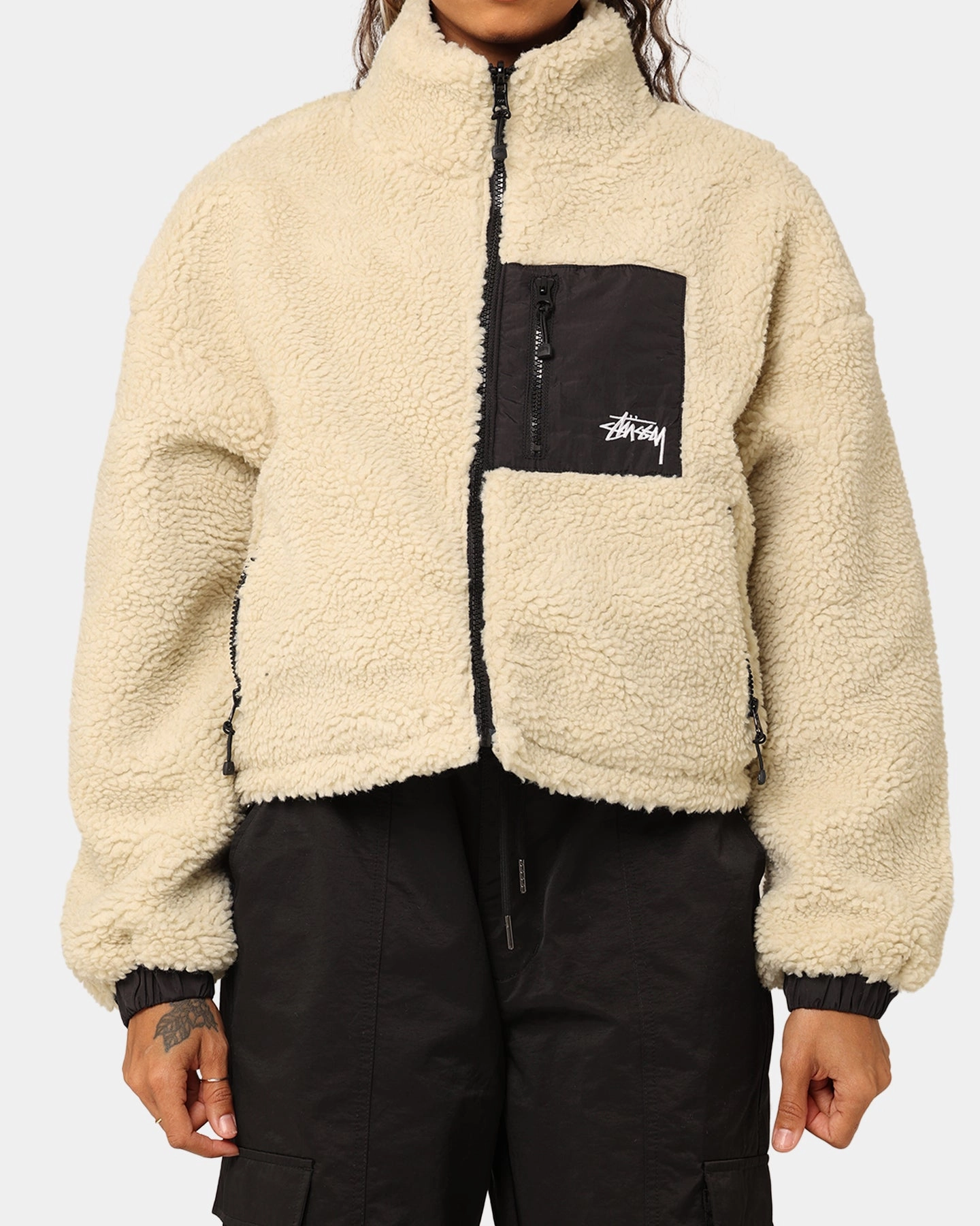 Stussy Women's 8 Ball Reversible Cropped Work Jacket Black Windshield Coat Hidden Compartments