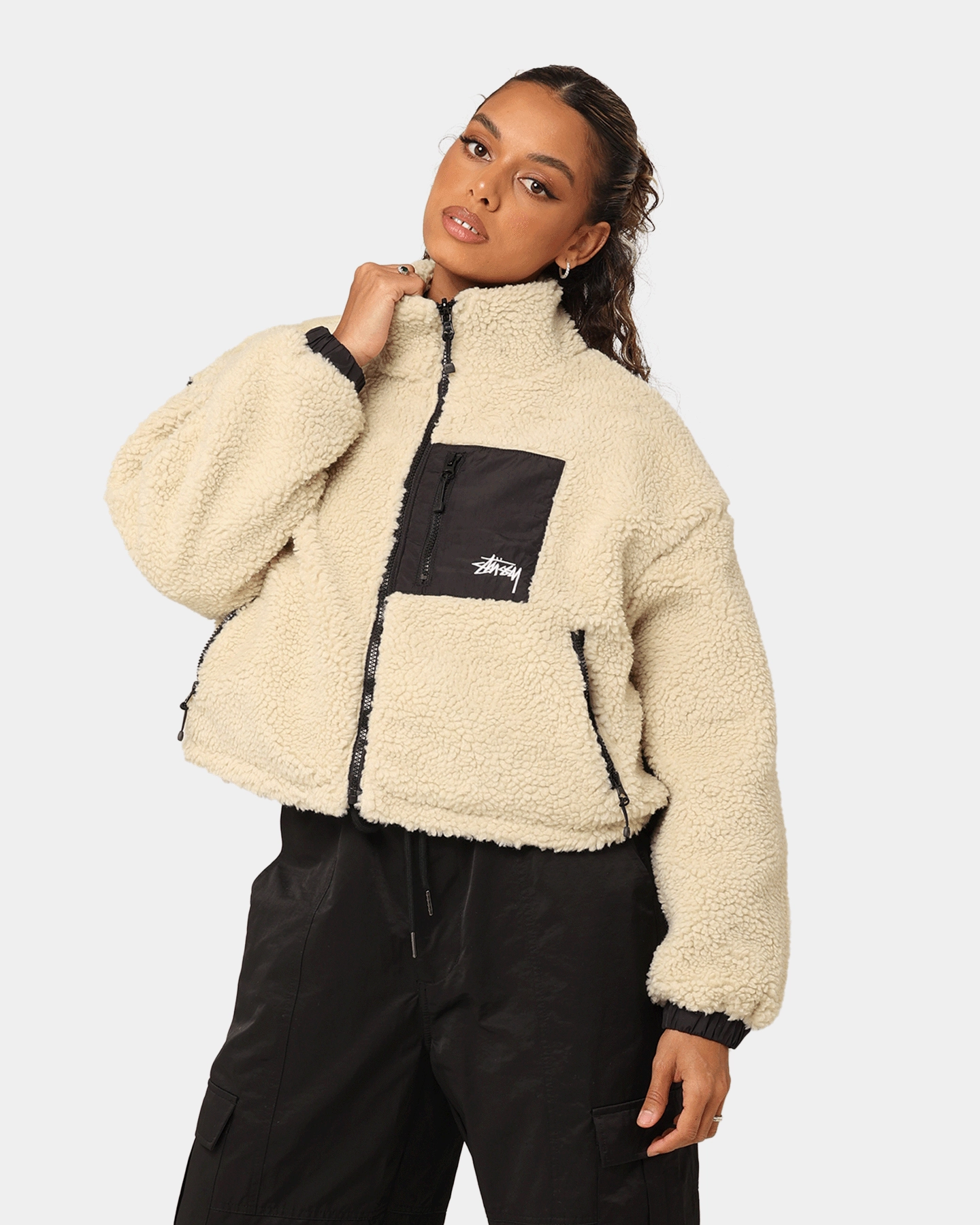 AntiStatic Lining Patched Stussy Women's 8 Ball Reversible Cropped Work Jacket Black