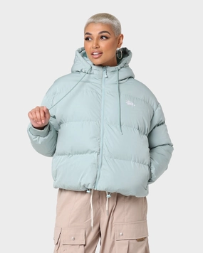 Stussy Women's Graffiti Hood Puffer Jacket Basil Tailored Silhouette NonIrritating Tagless Neck