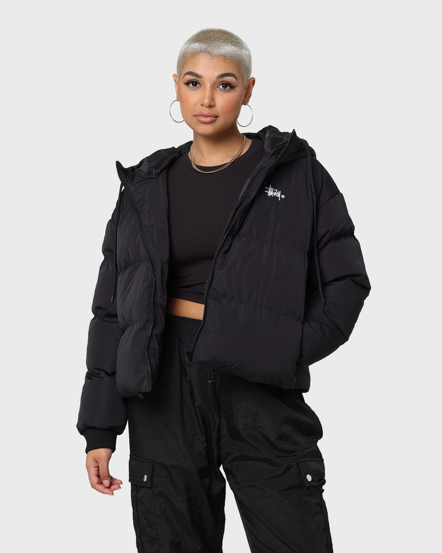 Collaborate Stussy Women's Graffiti Hood Puffer Jacket Black