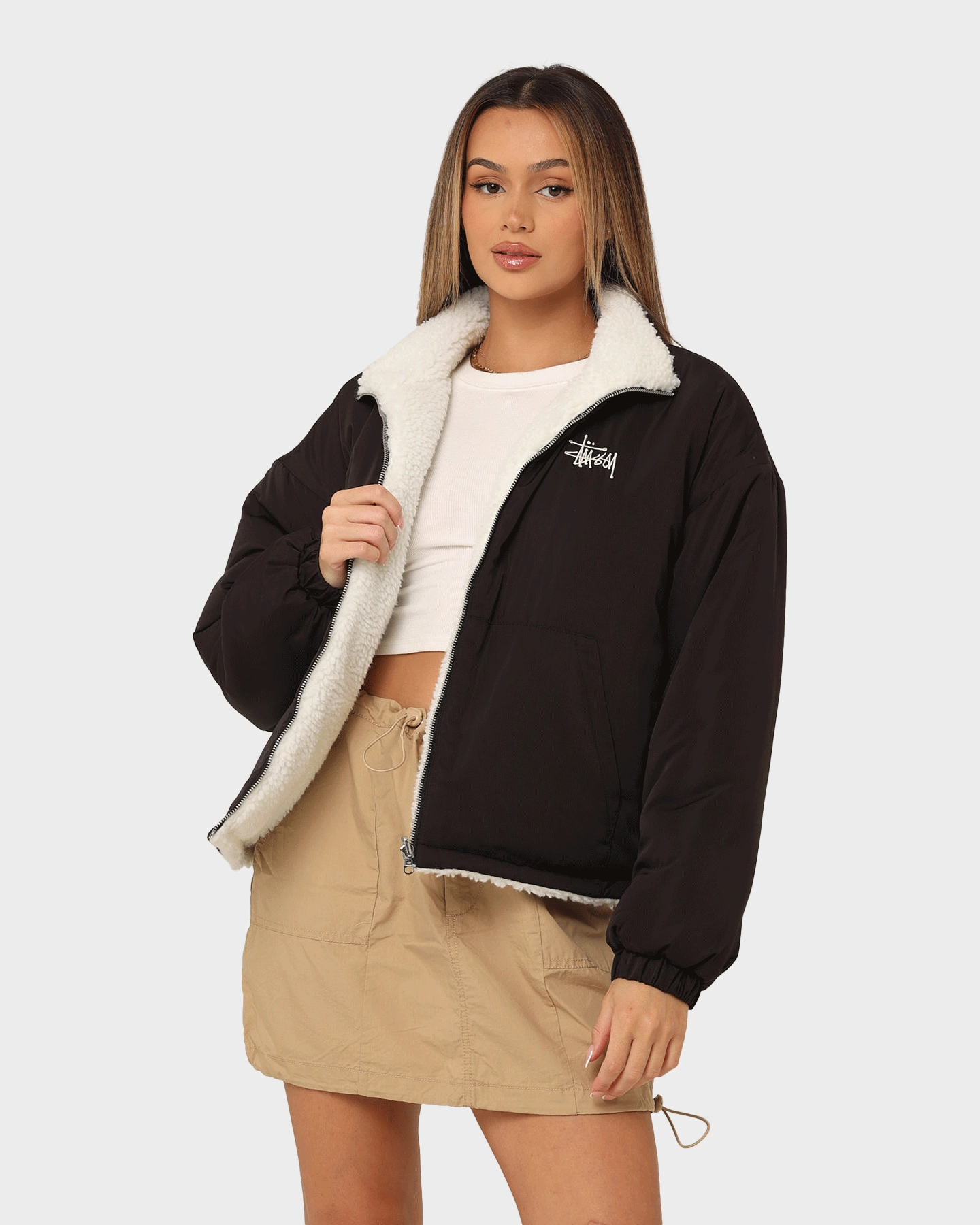 detachable sleeves Static Resistant Stussy Women's Reversible Work Sherpa Jacket Black/White