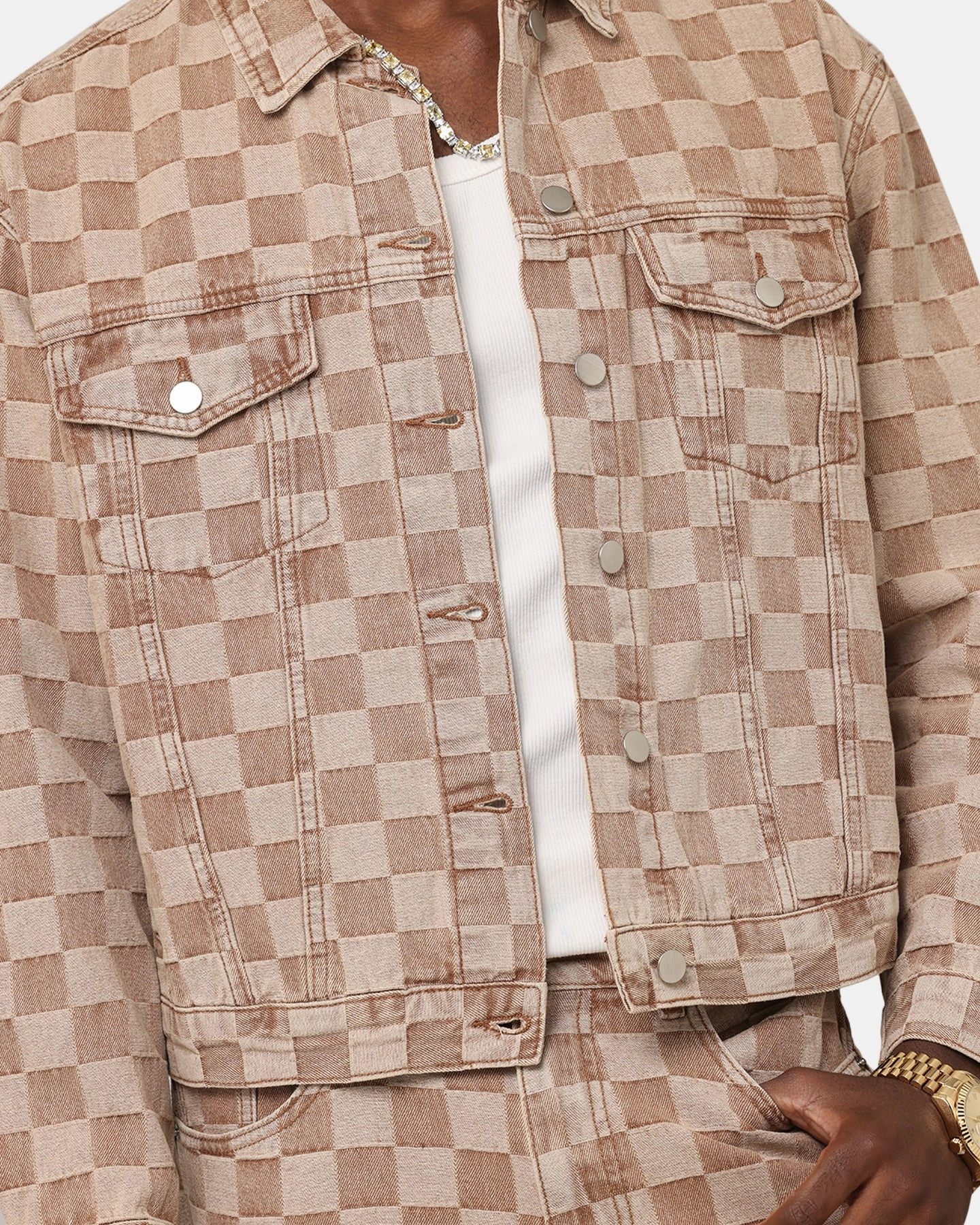 Exclusive Active Movement XXIII Checker Board Trucker Jacket Tan