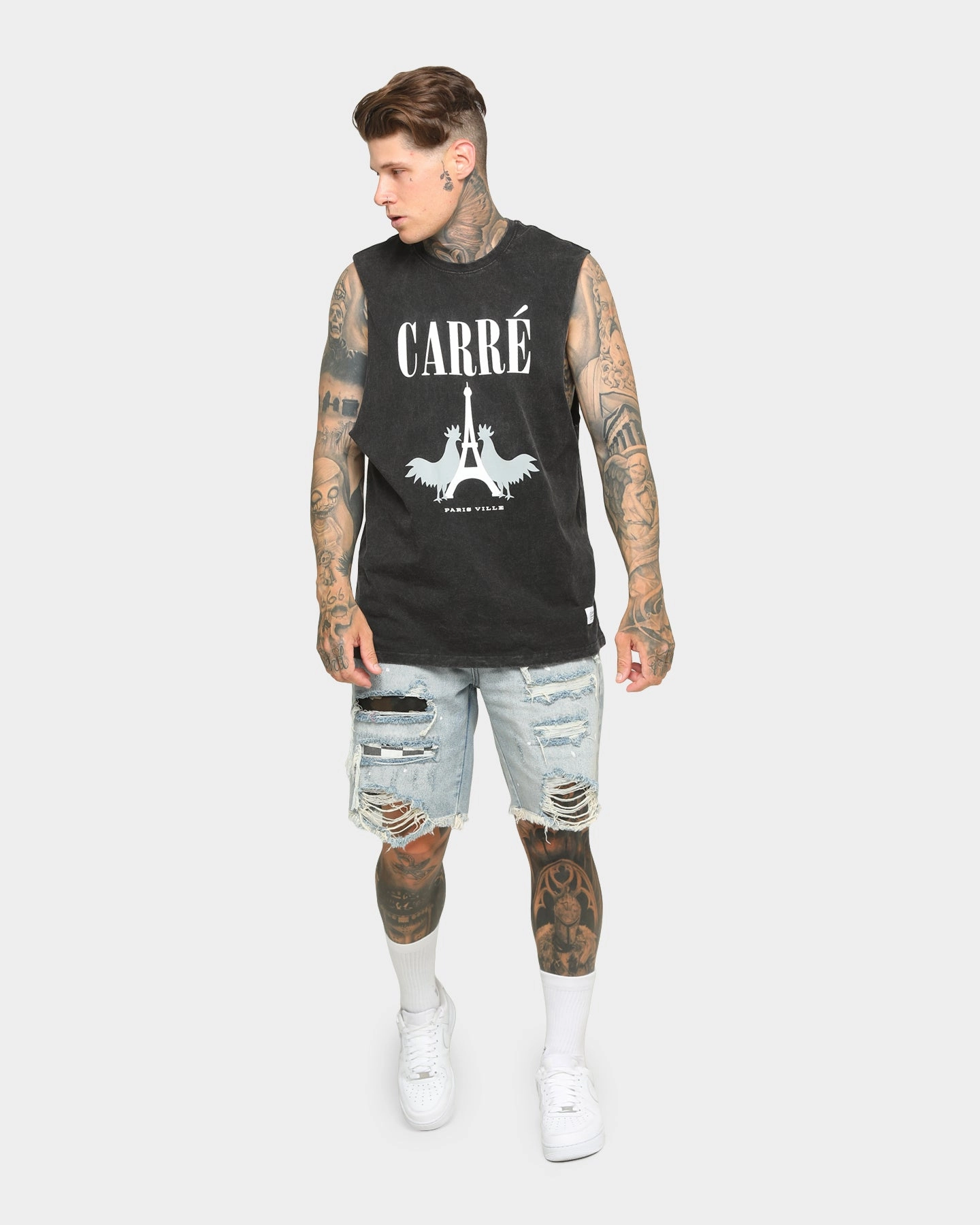 Geometric precision Leather combination Carr?? Le Coq Classique Muscle T-Shirt Washed Black