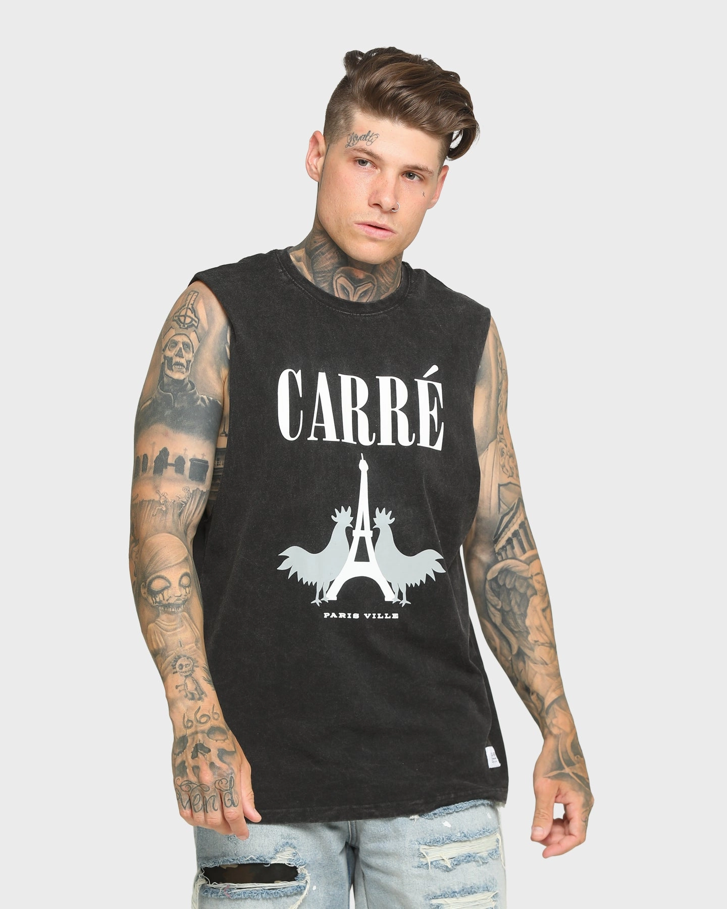 Carr?? Le Coq Classique Muscle T-Shirt Washed Black Garment Dyed Technique Cool and Chic