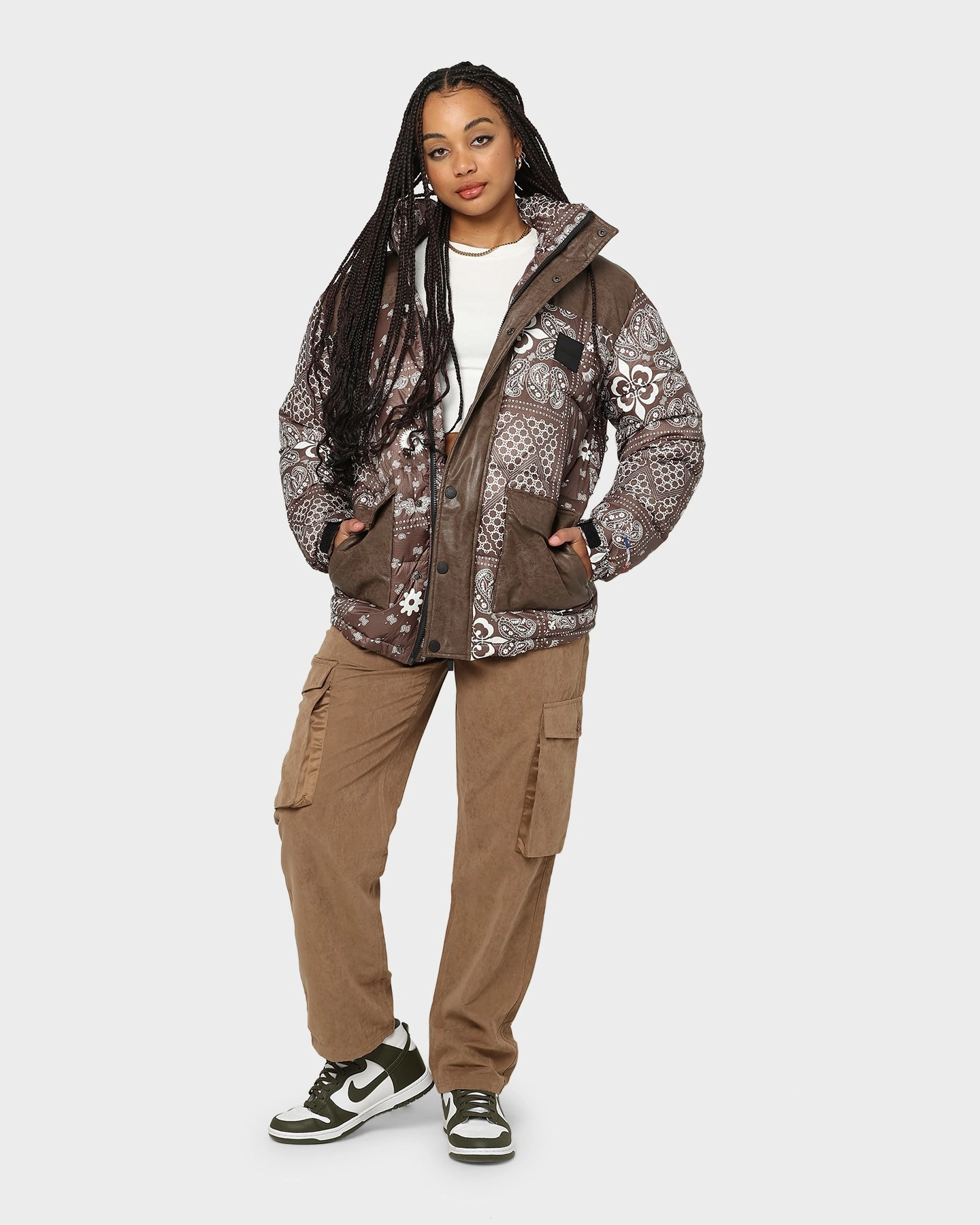 Carre Bandana Ultra Roadman Puffer Jacket Dark Brown Zippered Closure