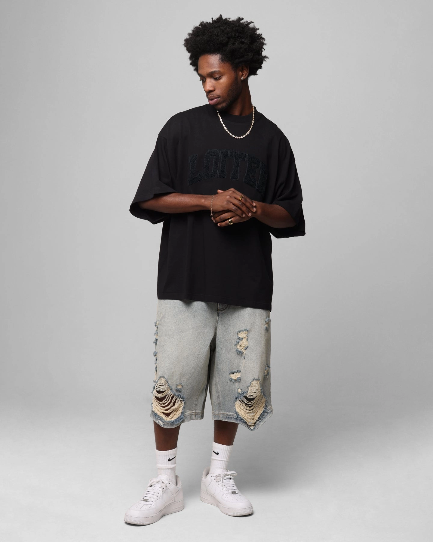 Smooth Neckline Layered Look Loiter Arch Premium Boxy T-Shirt Black
