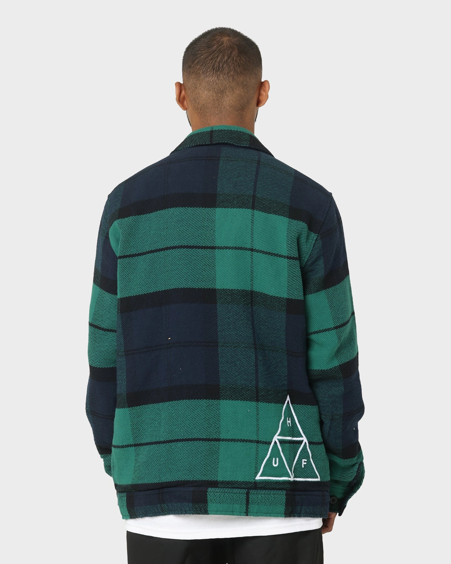 HUF X Pleasures Blackwatch Work Jacket Navy Modern Fit Loop Fastened Hood