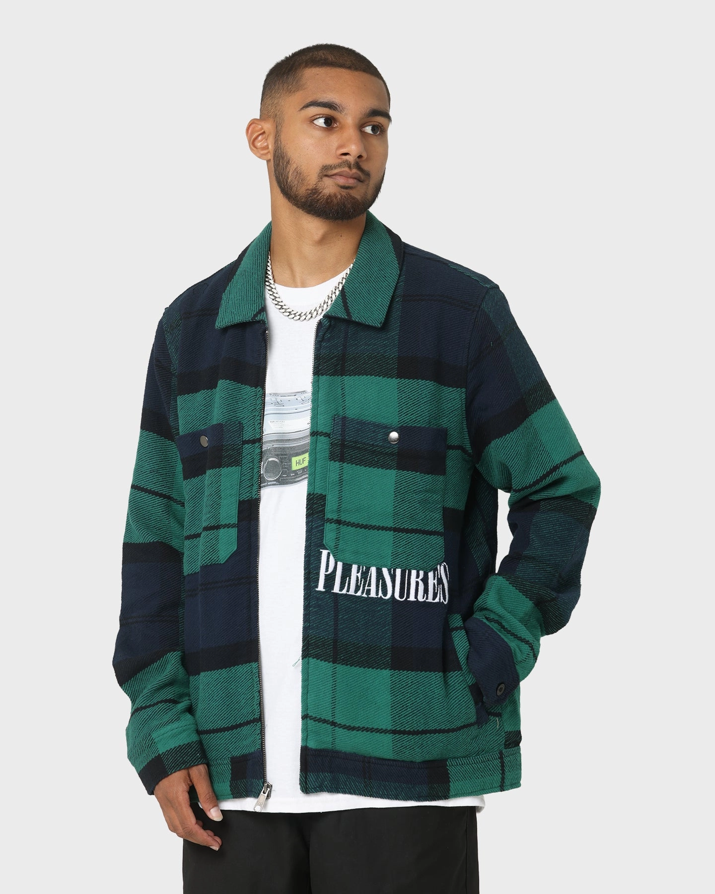 HUF X Pleasures Blackwatch Work Jacket Navy snowboarding Hidden Compartments