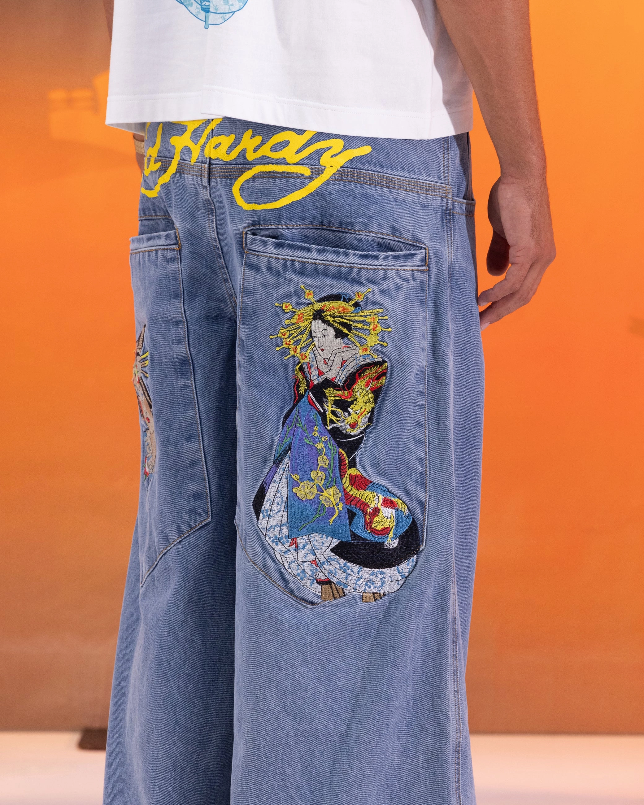 Distressed Detailing Season Ready Ed Hardy Ultra Wide Leg Denim Jeans Light Wash Blue