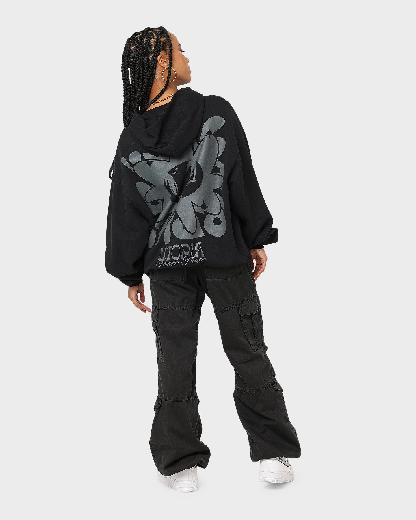 Stand Collar Practical Wear Loiter Inner Peace Hoodie Black