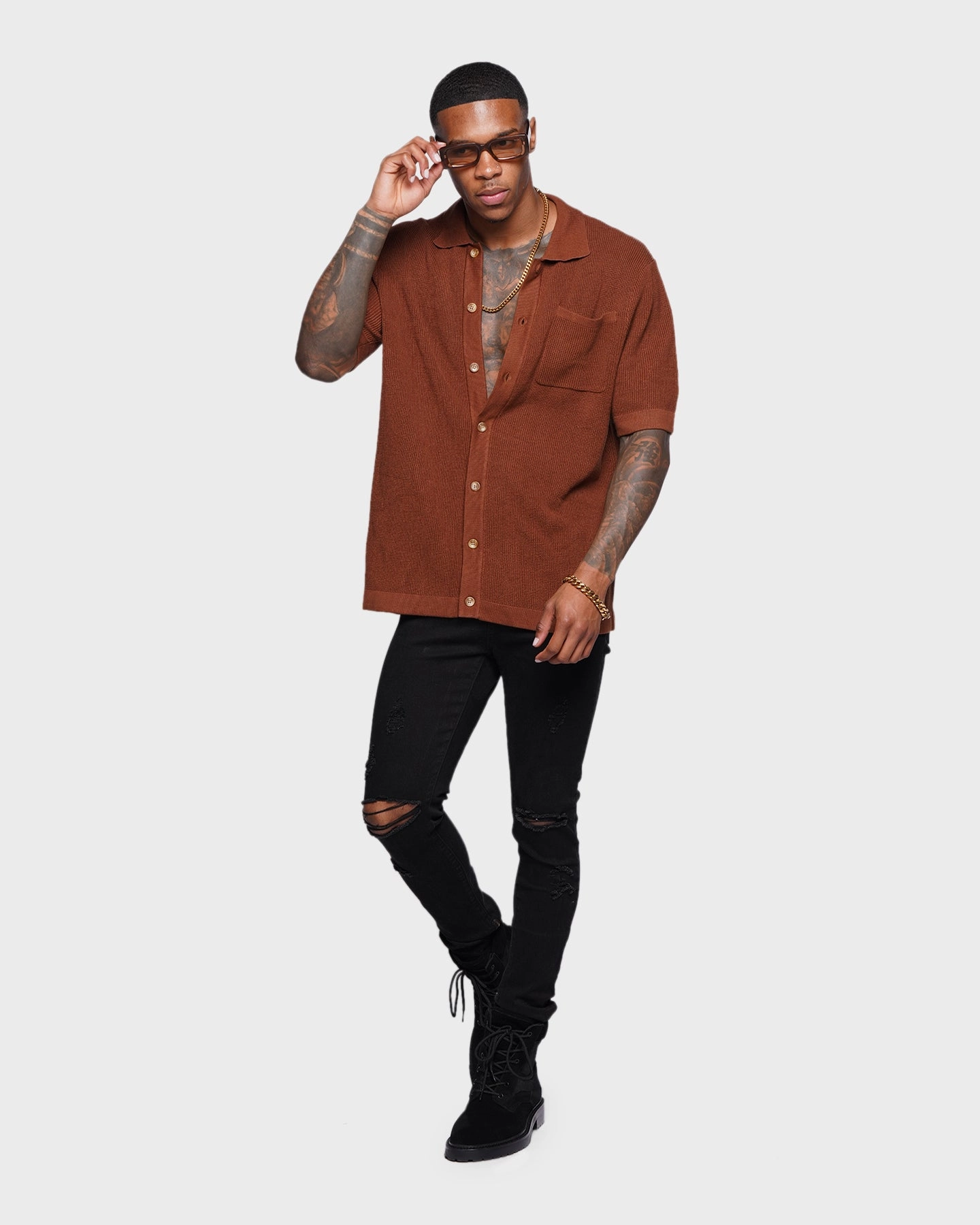 Monochrome Palette XXIII Zyair Knit Rib Button Up Shirt Brown