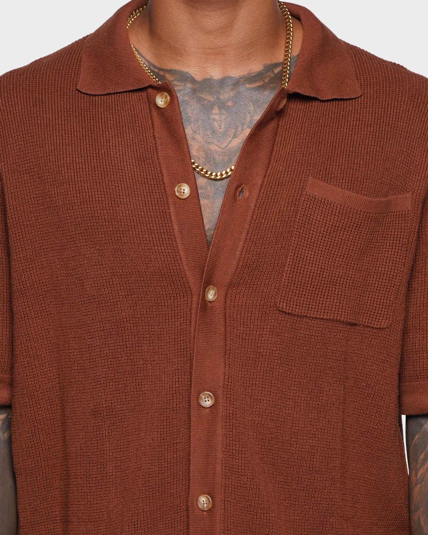 formal dinner Plus size option XXIII Zyair Knit Rib Button Up Shirt Brown