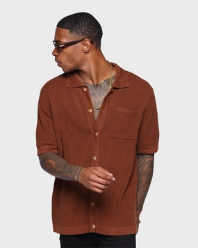 XXIII Zyair Knit Rib Button Up Shirt Brown Mountain Escape