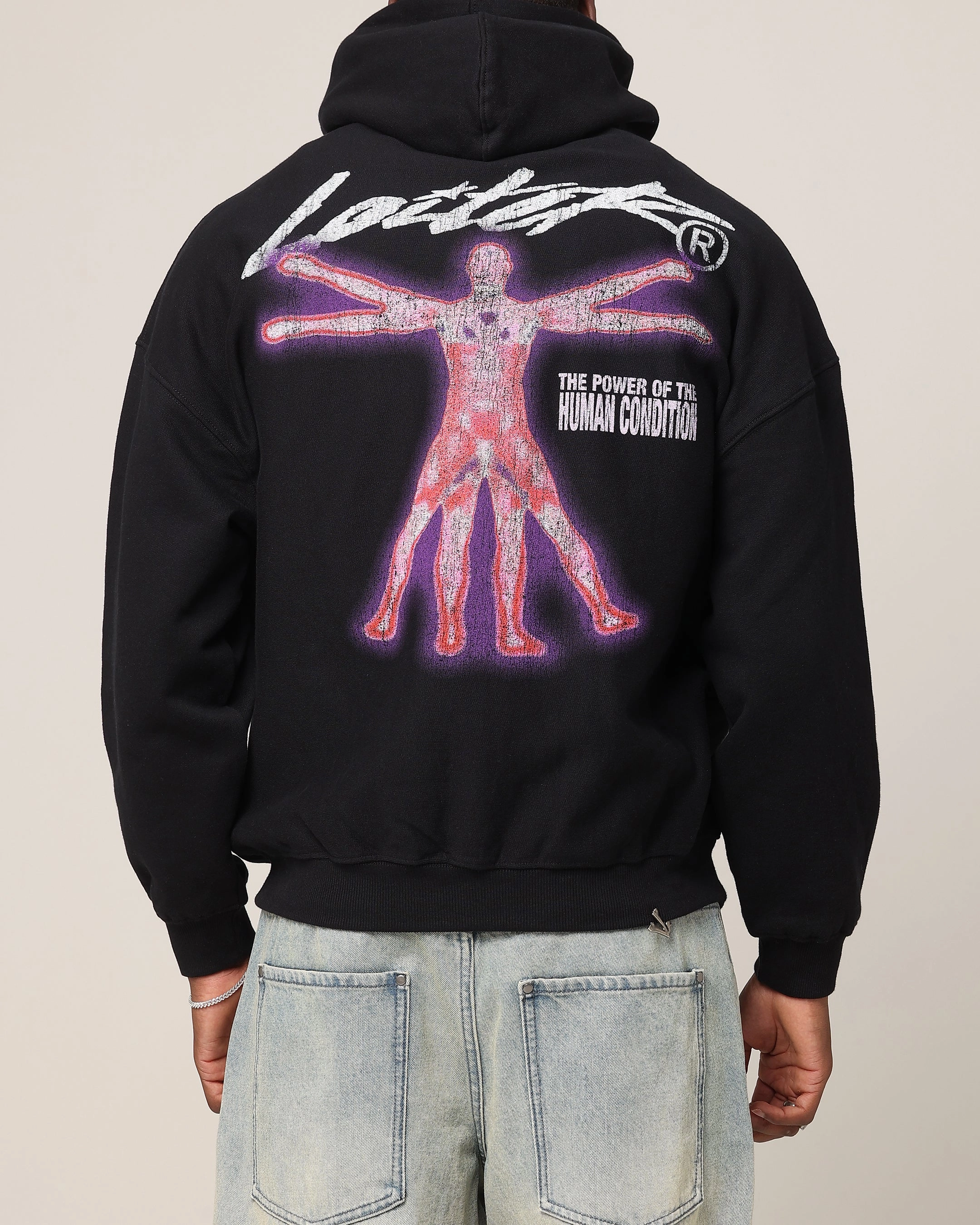 Adjustable Hood Loiter Human Condition Hoodie Black