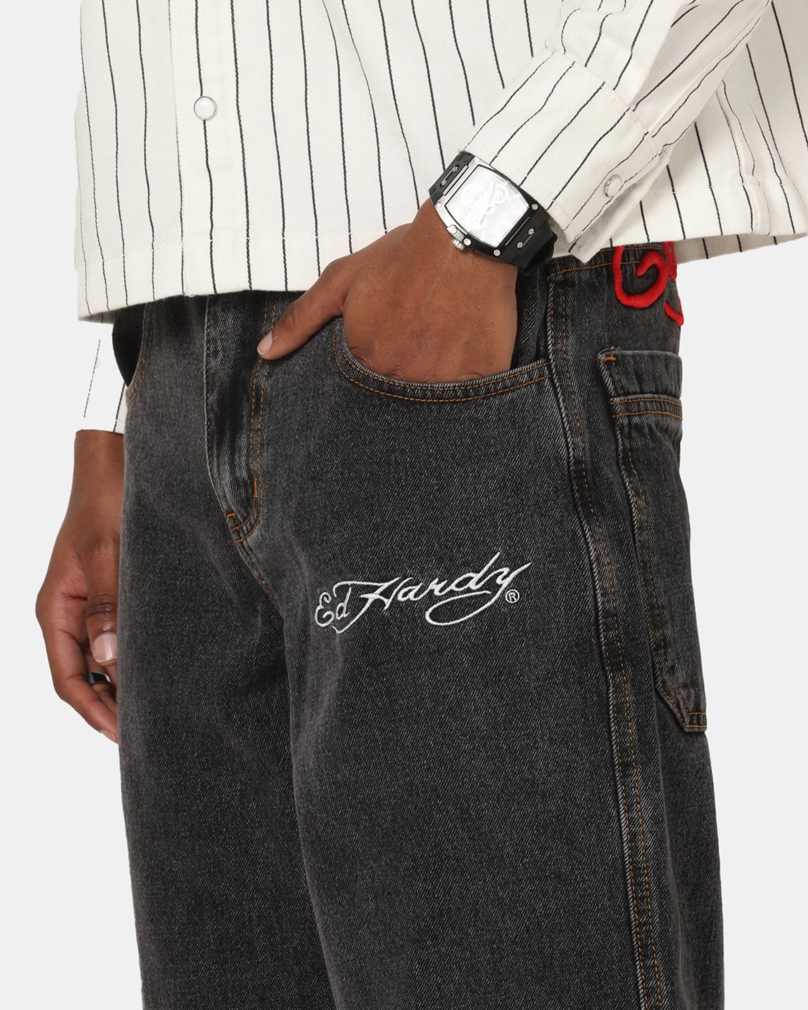 Ed Hardy Wide Leg Jeans Black Anti Sagging Technology Work Meeting Trendy Modern Minimalist