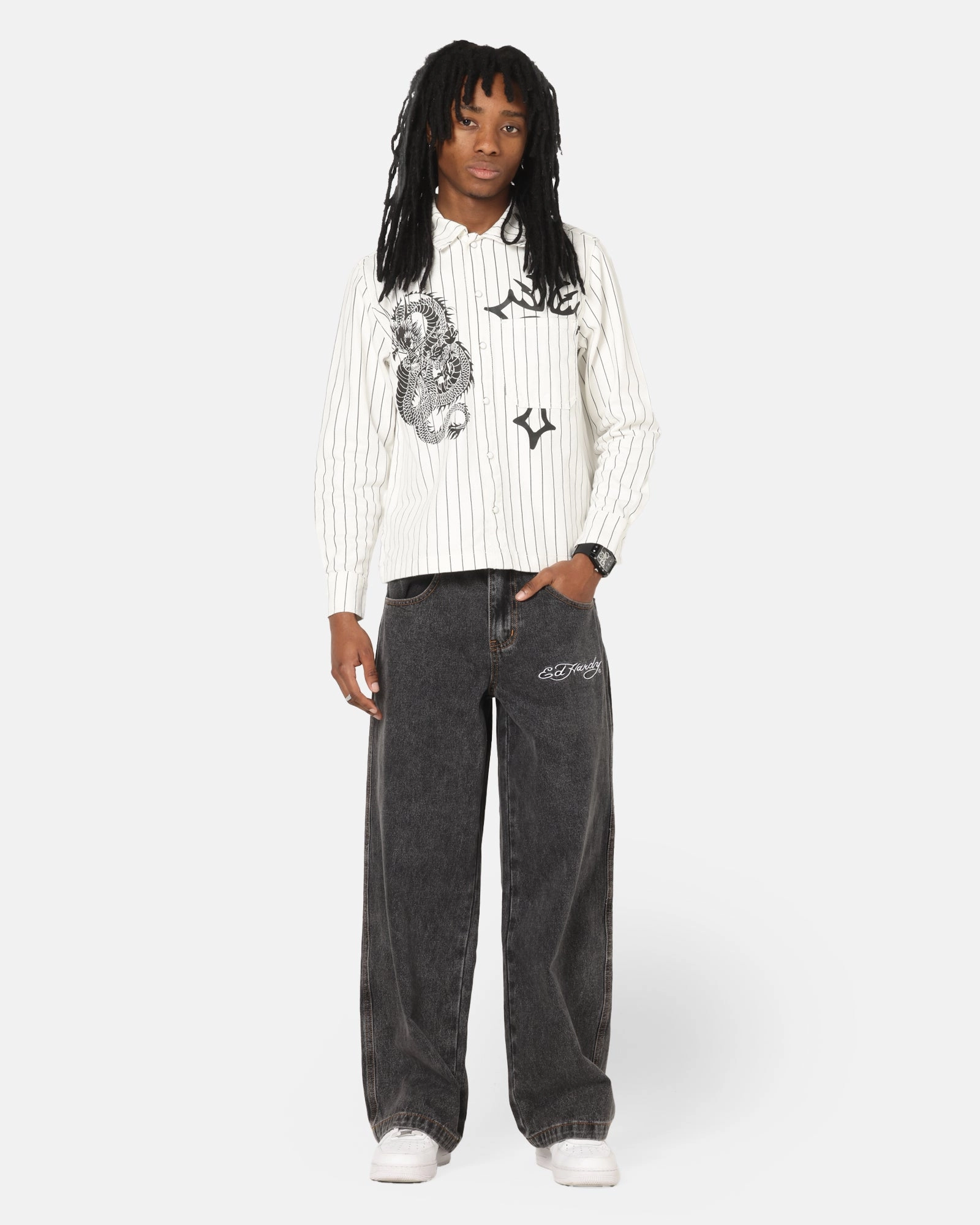 Cool Weather Suitable Fit Ed Hardy Wide Leg Jeans Black