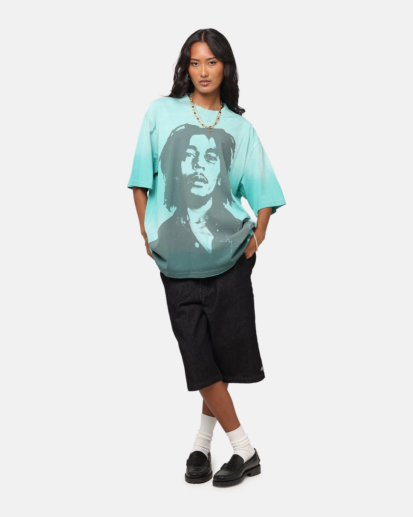 Street Trend Look Non Iron Fabric Bob Marley Bob Hem Vintage T-Shirt Washed Teal/Black