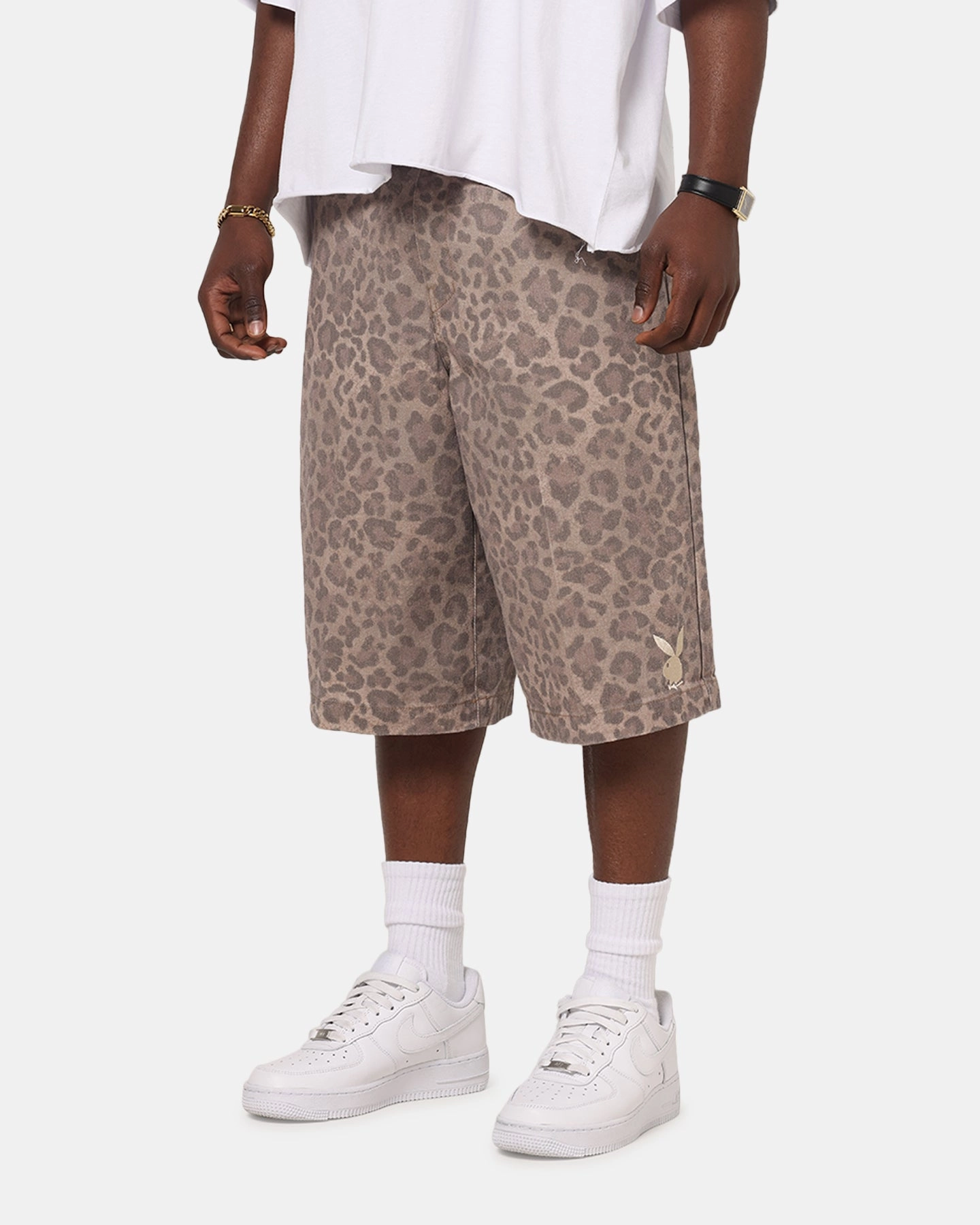 Layered Hem Detail Playboy All Over Print Shorts Leopard Beige