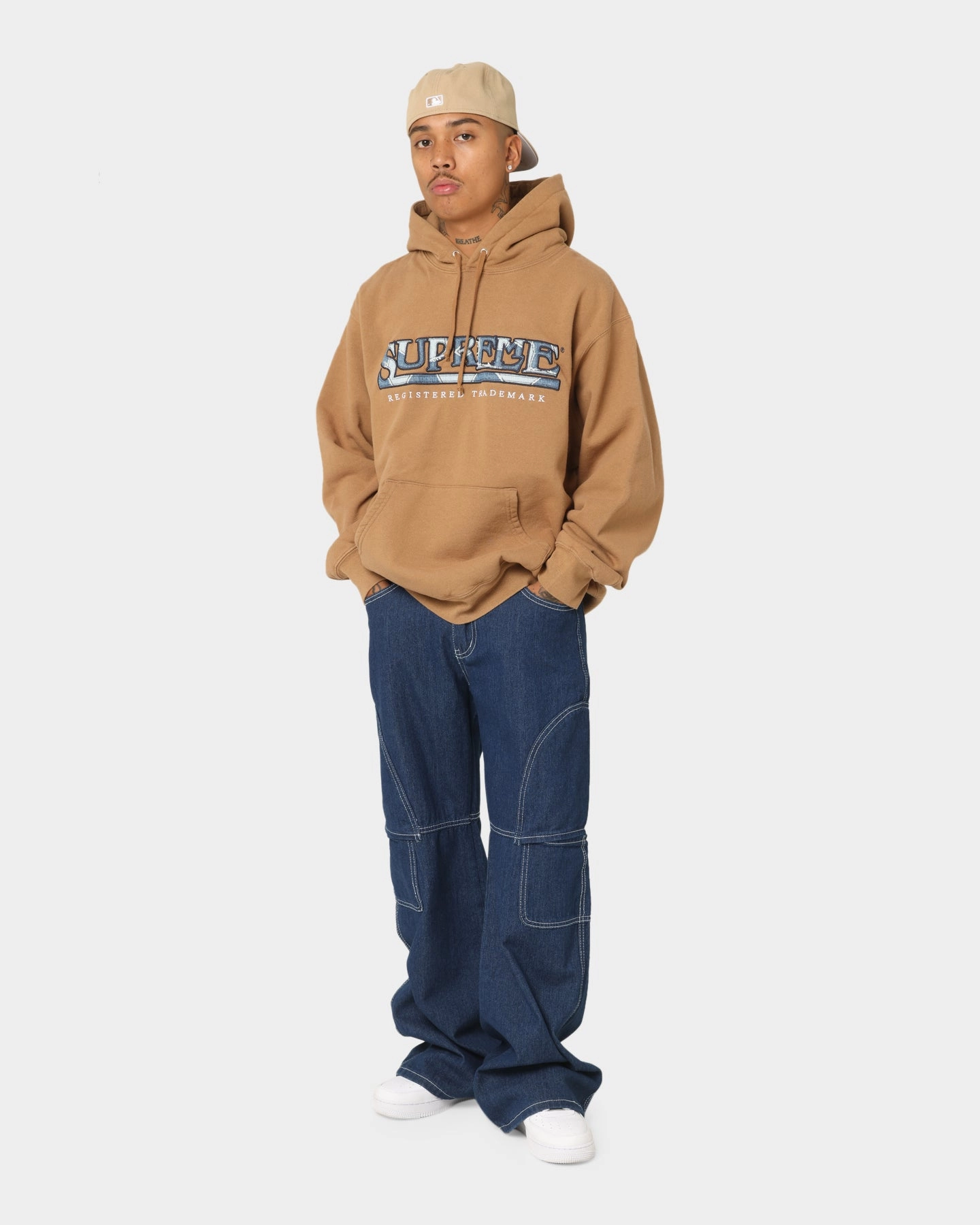 Relaxed Motion Scissors Supreme Denim Logo Hoodie Brown