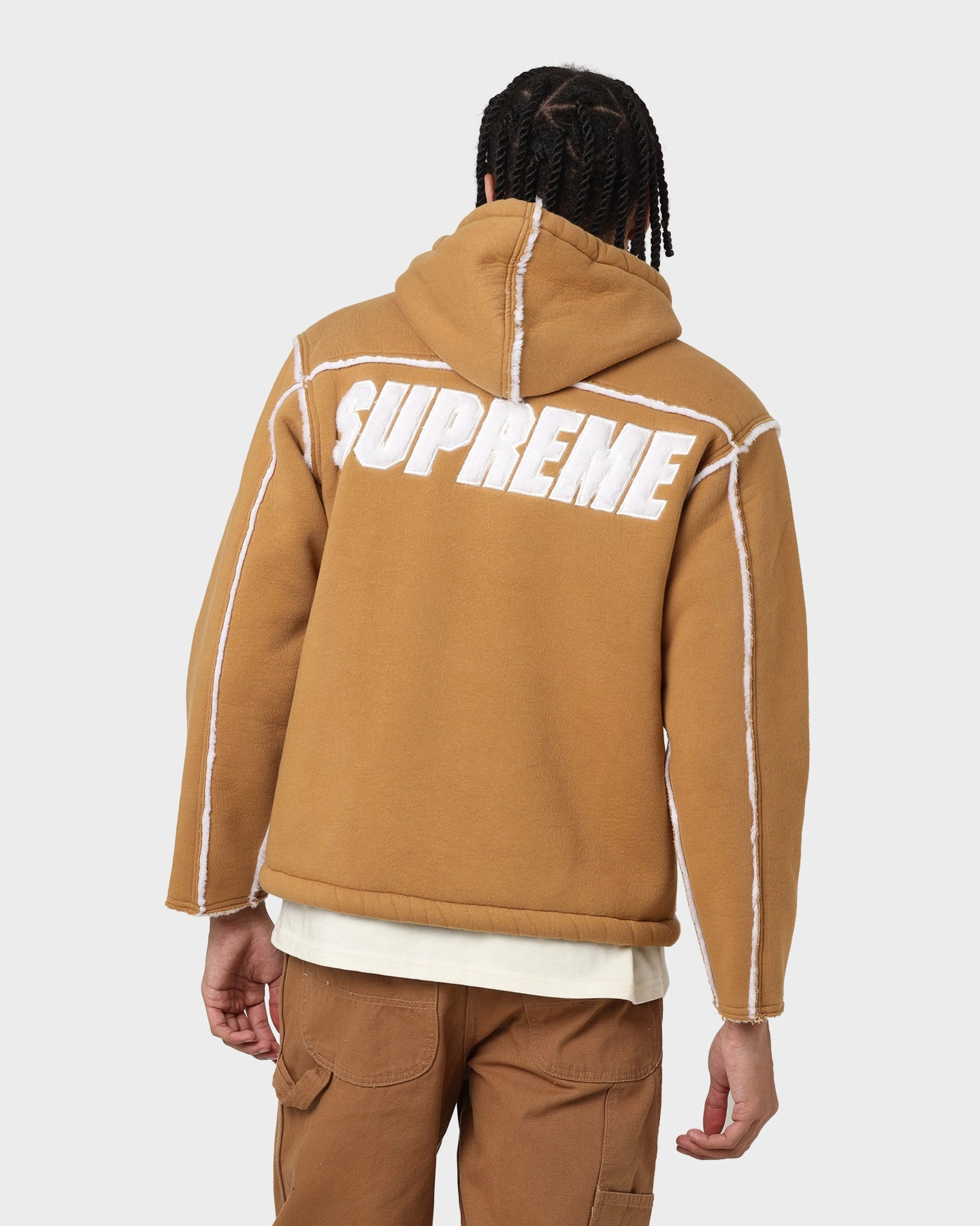 Supreme Faux Shearling Hooded Jacket Brown Gray Grow