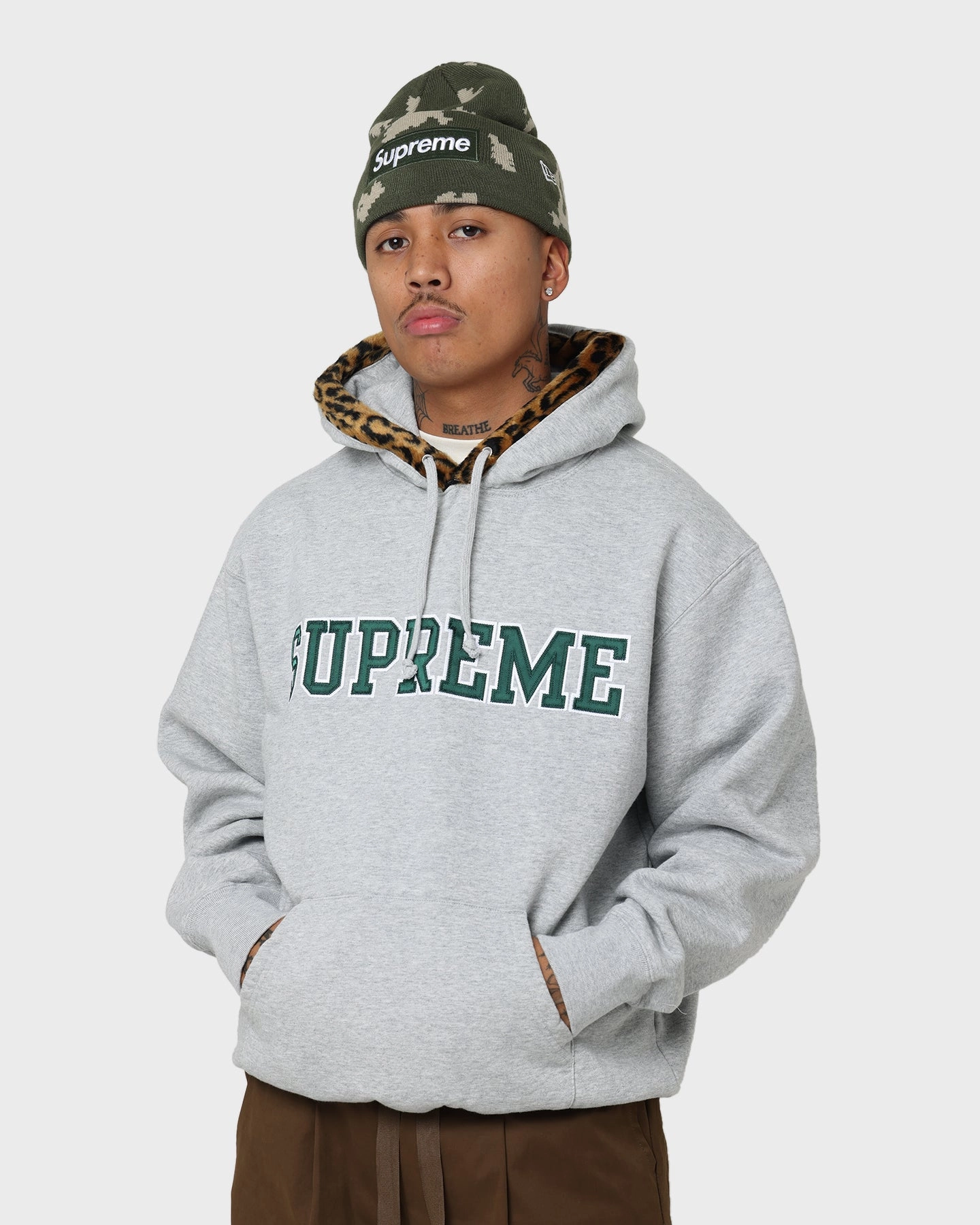 Martial-arts Supreme Leopard Trim Hooded Sweatshirt Grey