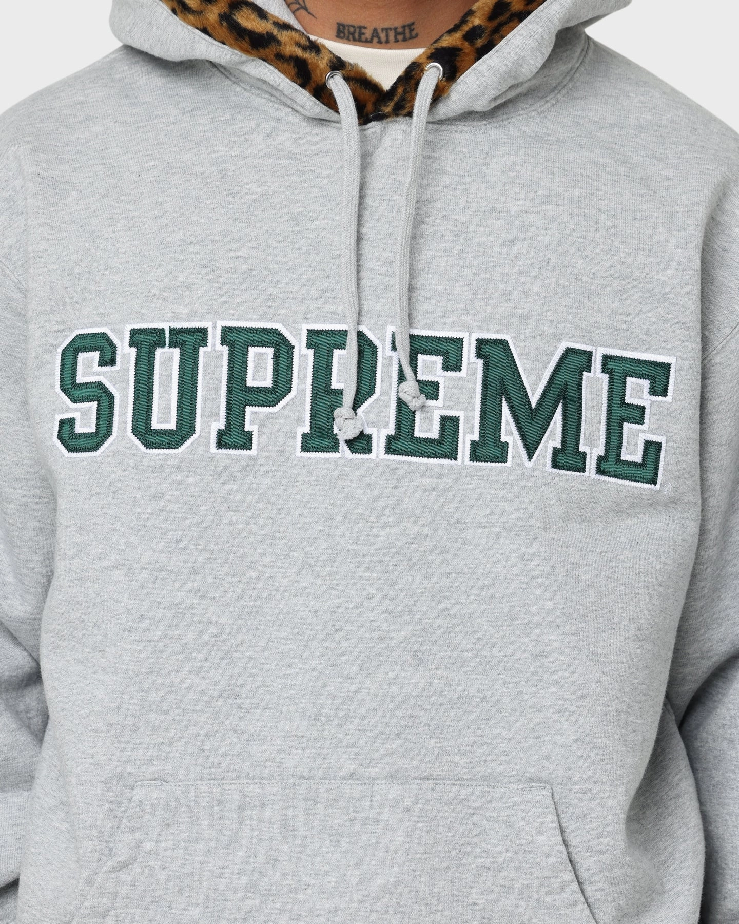 Supreme Leopard Trim Hooded Sweatshirt Grey Breathable mesh Durable Outerwear