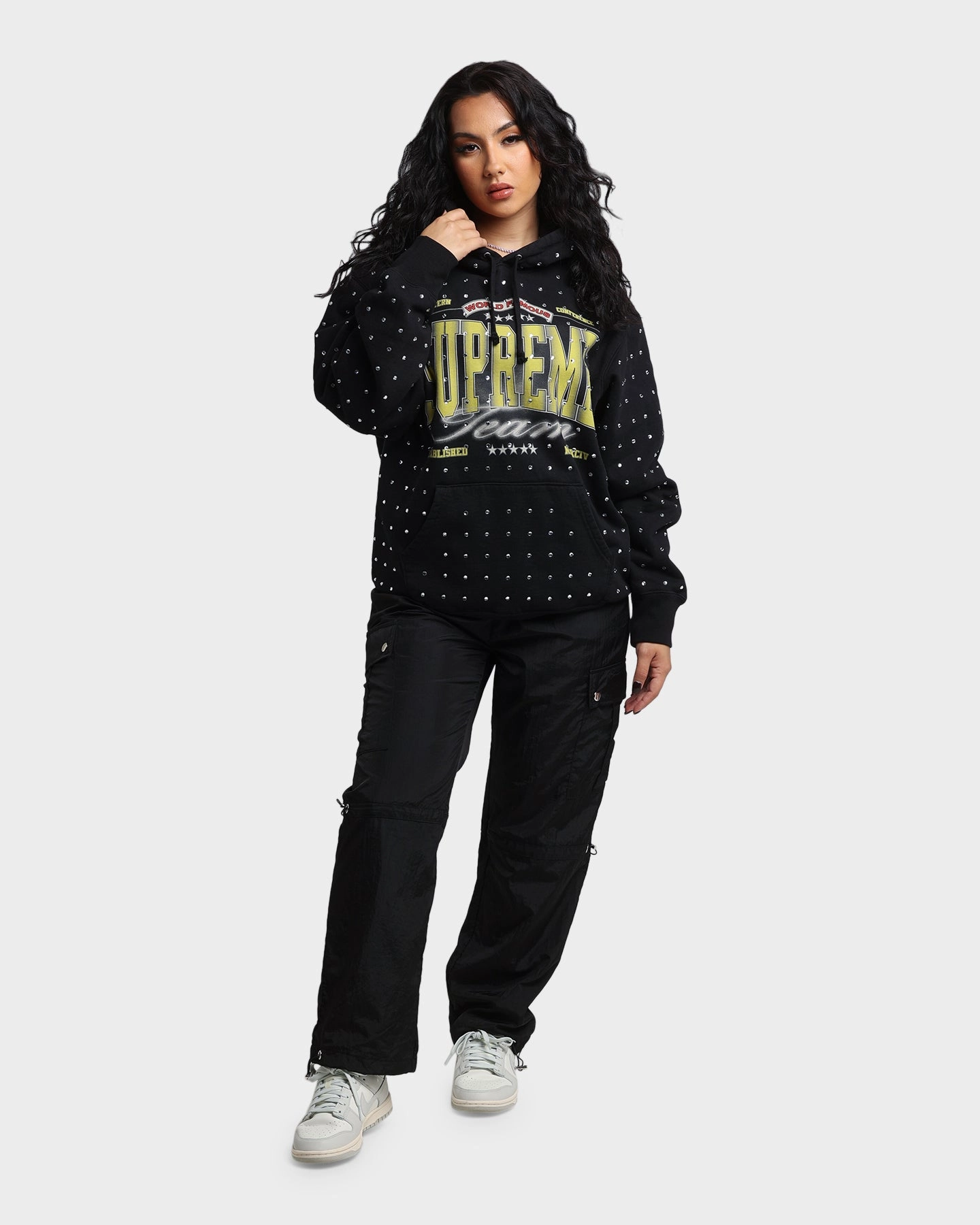 snap-up Supreme Rhinestone Hoodie Sweatshirt Black