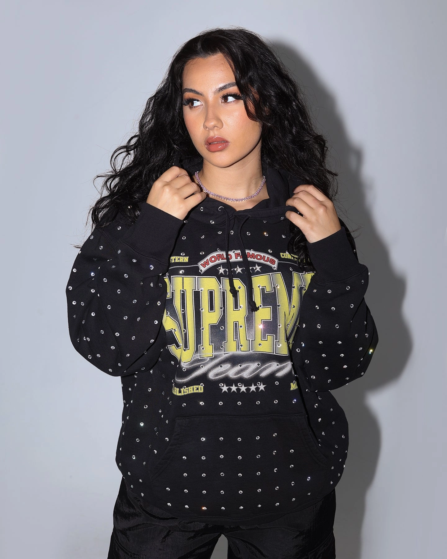 Loose Fit Wind Safe Supreme Rhinestone Hoodie Sweatshirt Black