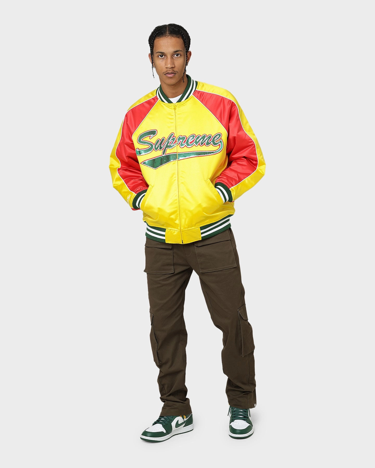 Supreme X Mitchell & Ness Sequin Logo Varsity Jacket Gold Weekend Vibe OversizedFit