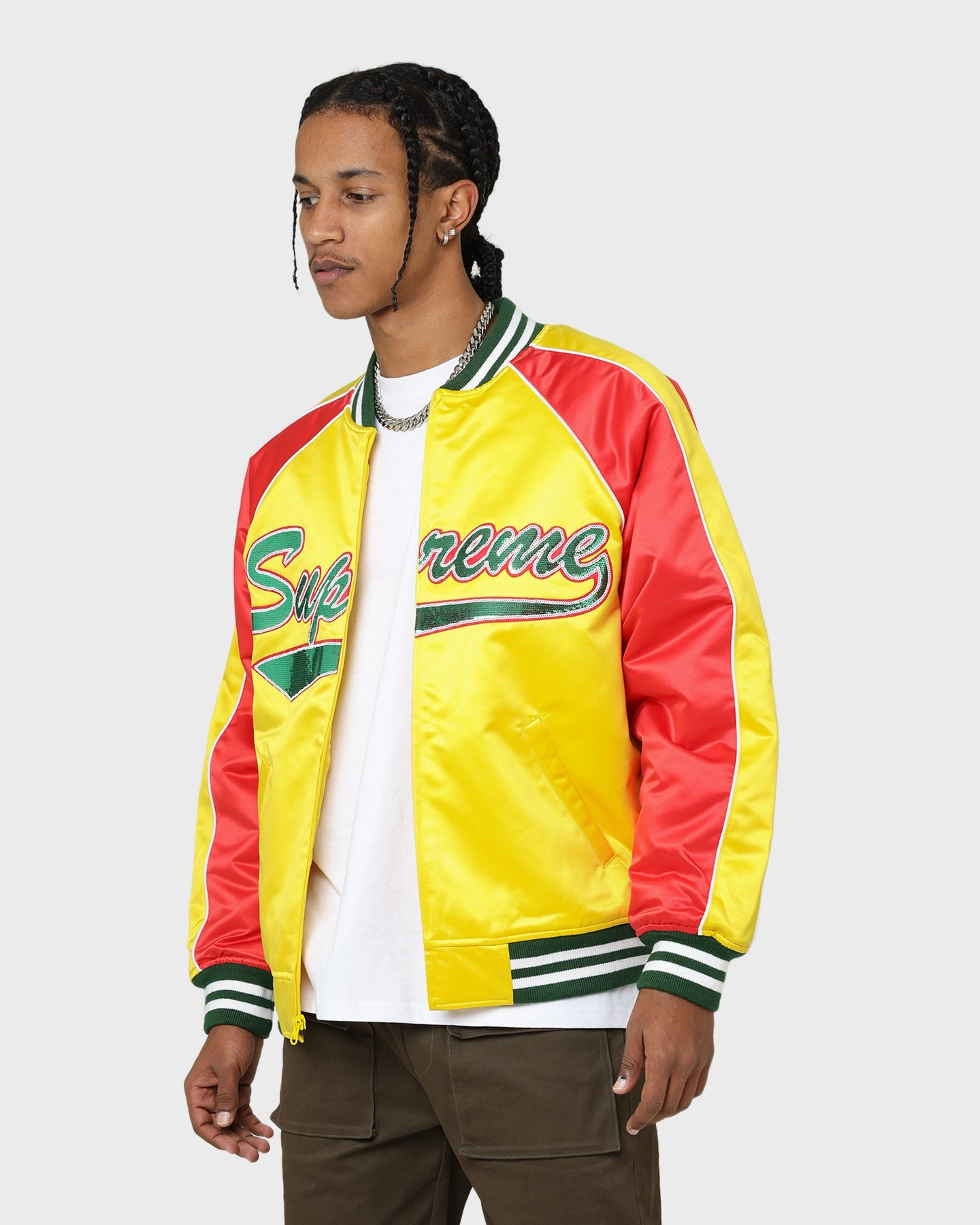 holiday Forest Supreme X Mitchell & Ness Sequin Logo Varsity Jacket Gold