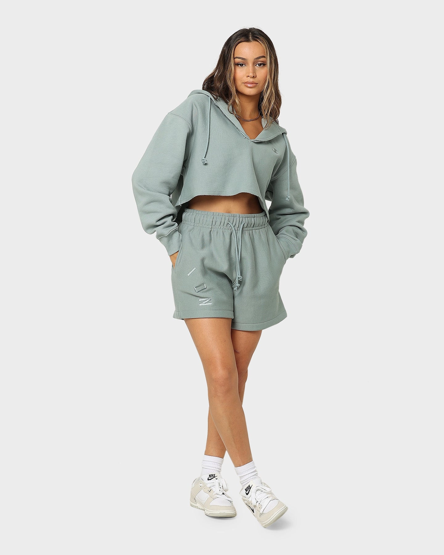 Champion Women's Reverse Weave Split Crop Hoodie Sage Shimmer Green Ribbed Cuffs multiple pockets