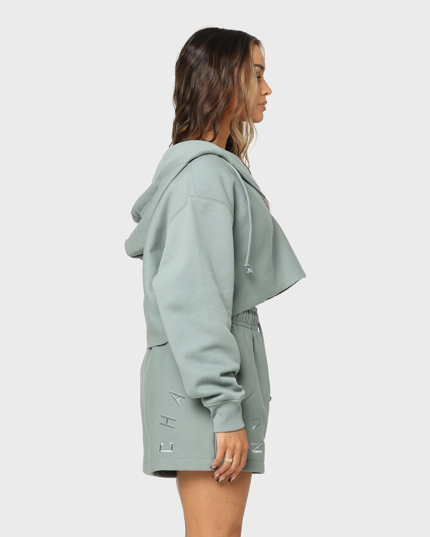 Champion Women's Reverse Weave Split Crop Hoodie Sage Shimmer Green Allure