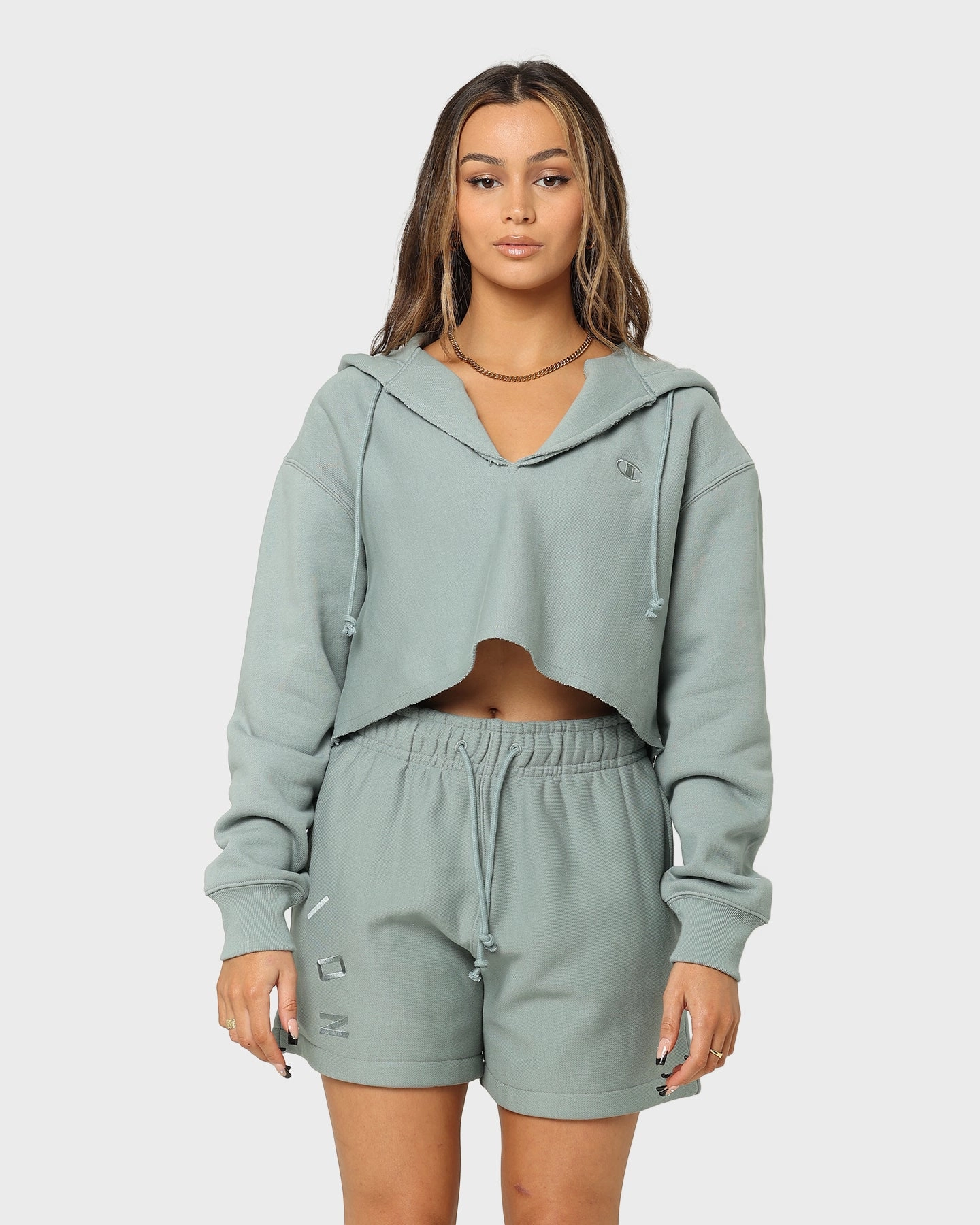 anniversary Champion Women's Reverse Weave Split Crop Hoodie Sage Shimmer Green