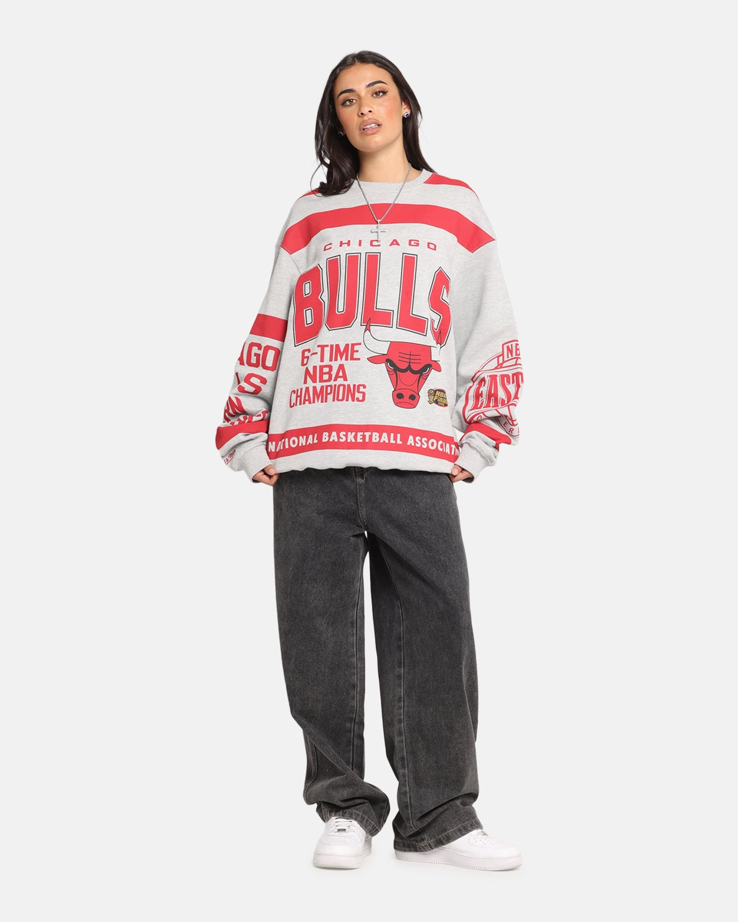 Mitchell & Ness Chicago Bulls Letterform Crewneck Grey Marle/Official Team Color Stretch Comfort Leather Bits