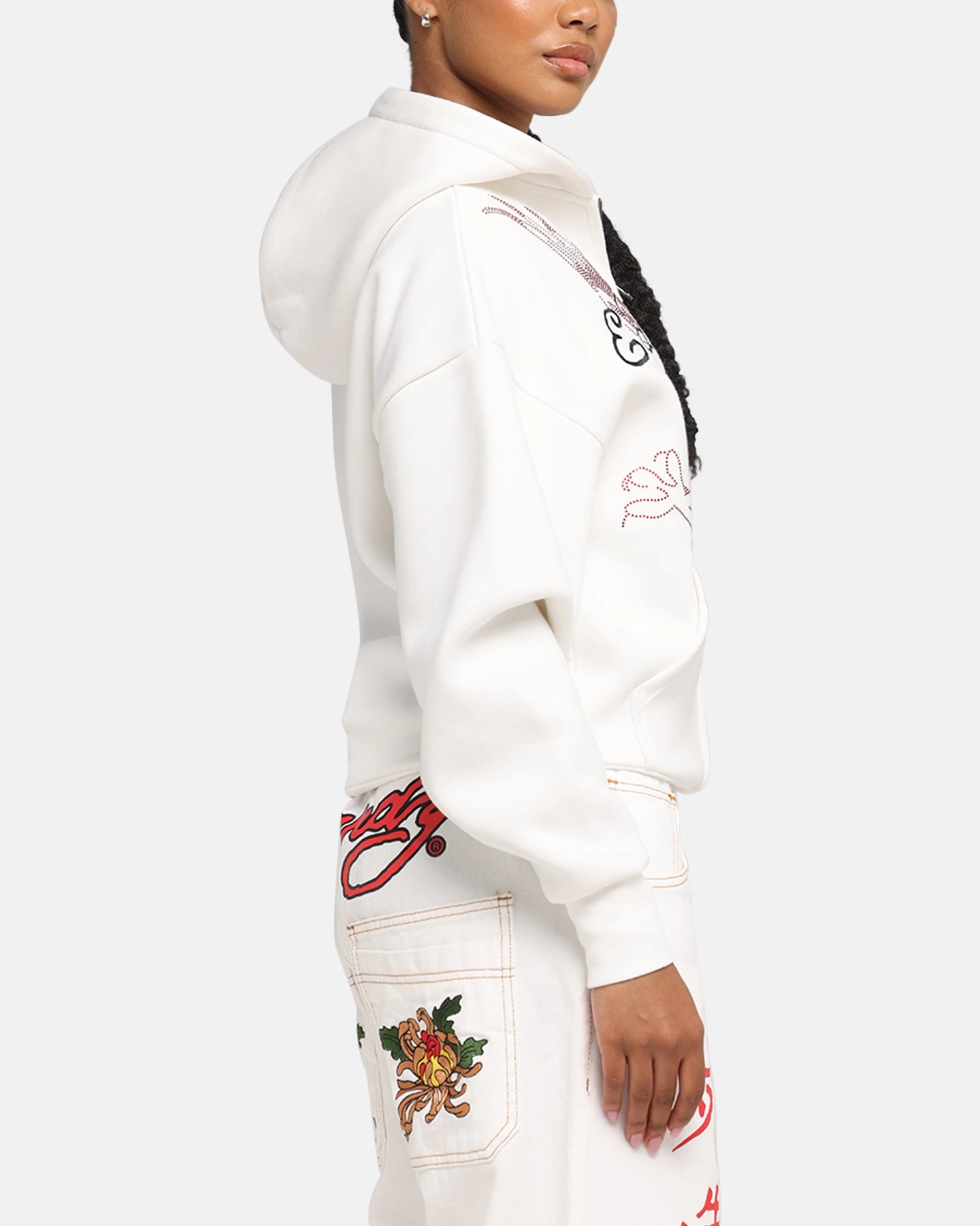 Ed Hardy Eagle Rhinestone Zip Hoodie Off White Soft Shell Recycled Polyester