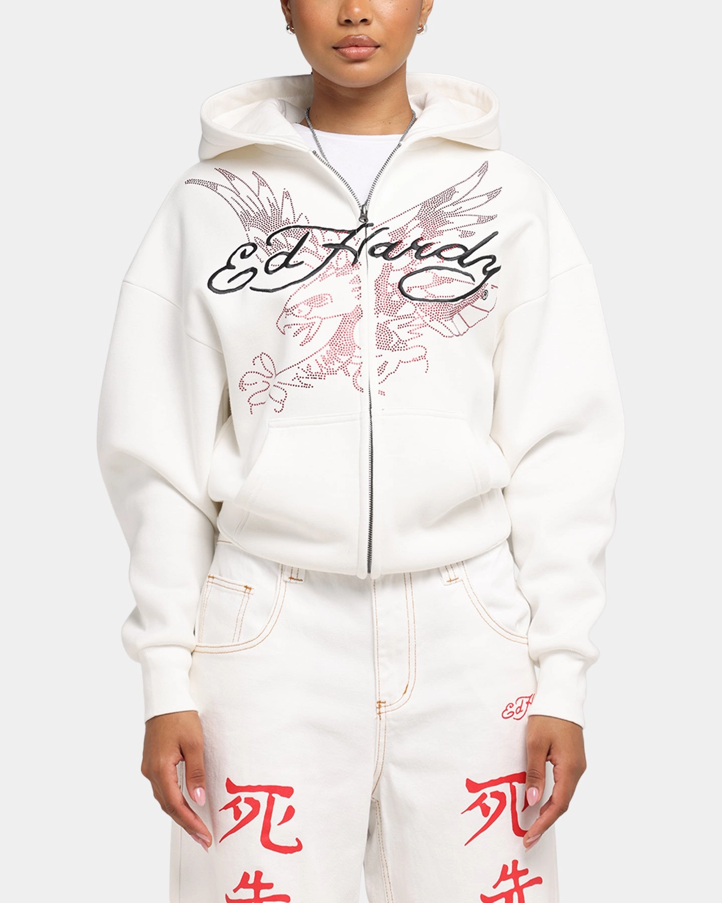 Non Irritating Lining Ed Hardy Eagle Rhinestone Zip Hoodie Off White