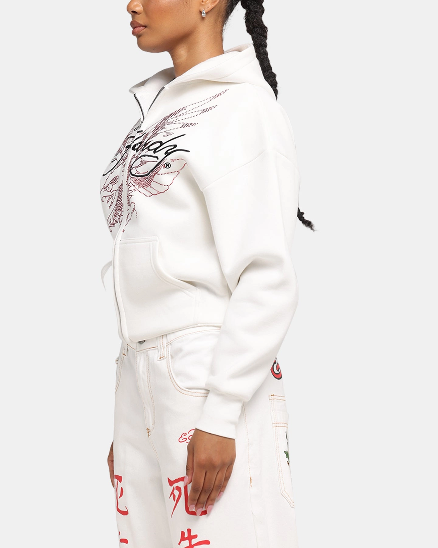 Surfer Ed Hardy Eagle Rhinestone Zip Hoodie Off White