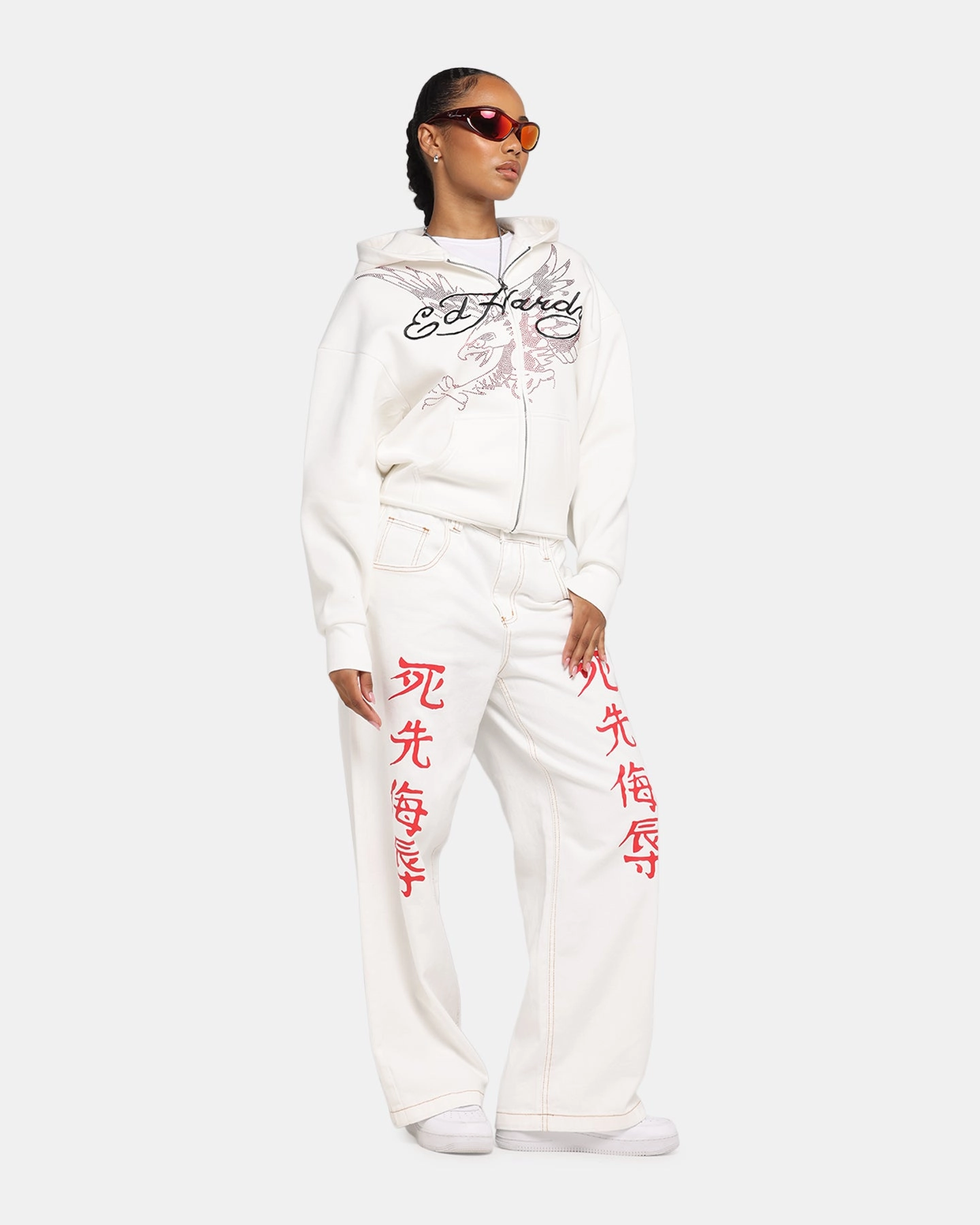 Ed Hardy Eagle Rhinestone Zip Hoodie Off White Build