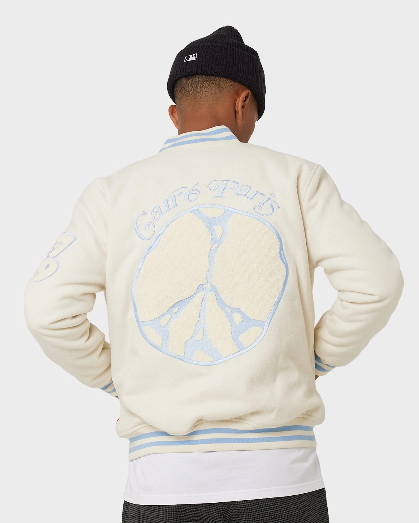 Articulated Sleeves Carre Peace Varsity Jacket Off White/Blue