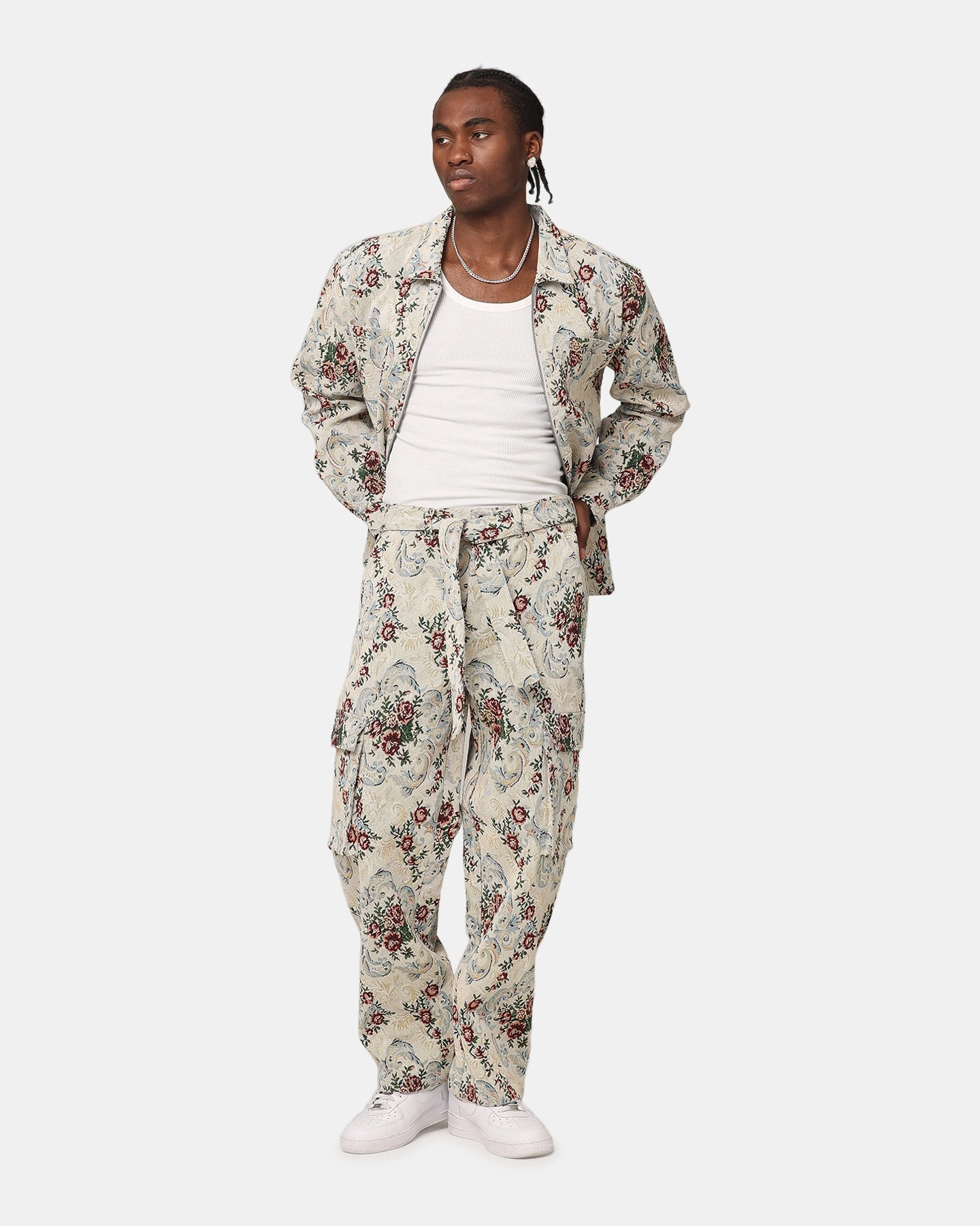 XXIII Floral Jacquard Cargo Pant White Antique Indoor Comfort Relaxed Fit Design
