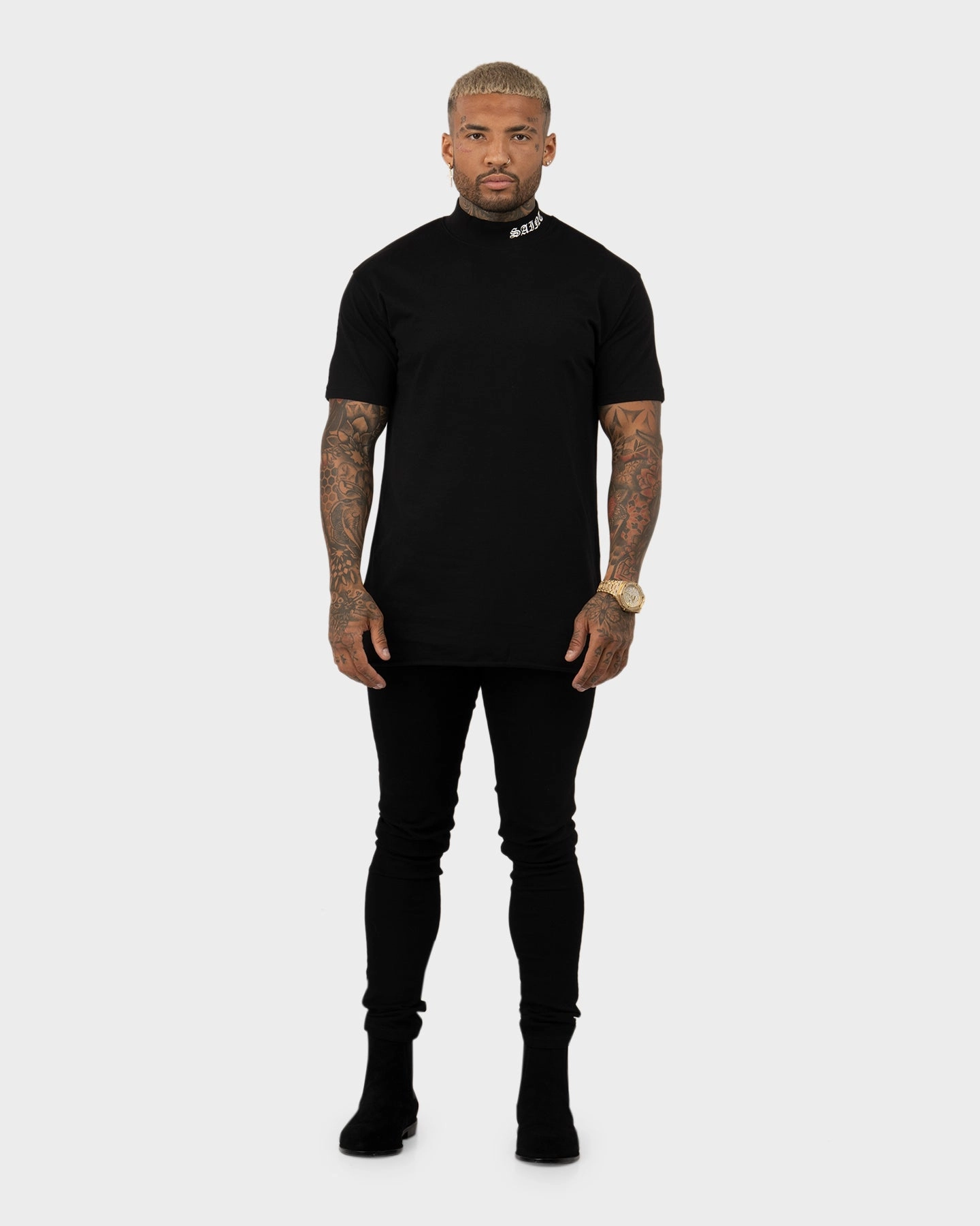 Anti Pilling Surface Saint Morta Old English Mock Neck T-Shirt Black/White