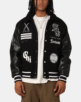 Majestic Athletic Chicago White Sox City PU Melton Letterman Jacket Faded Black Ergonomic Stitching