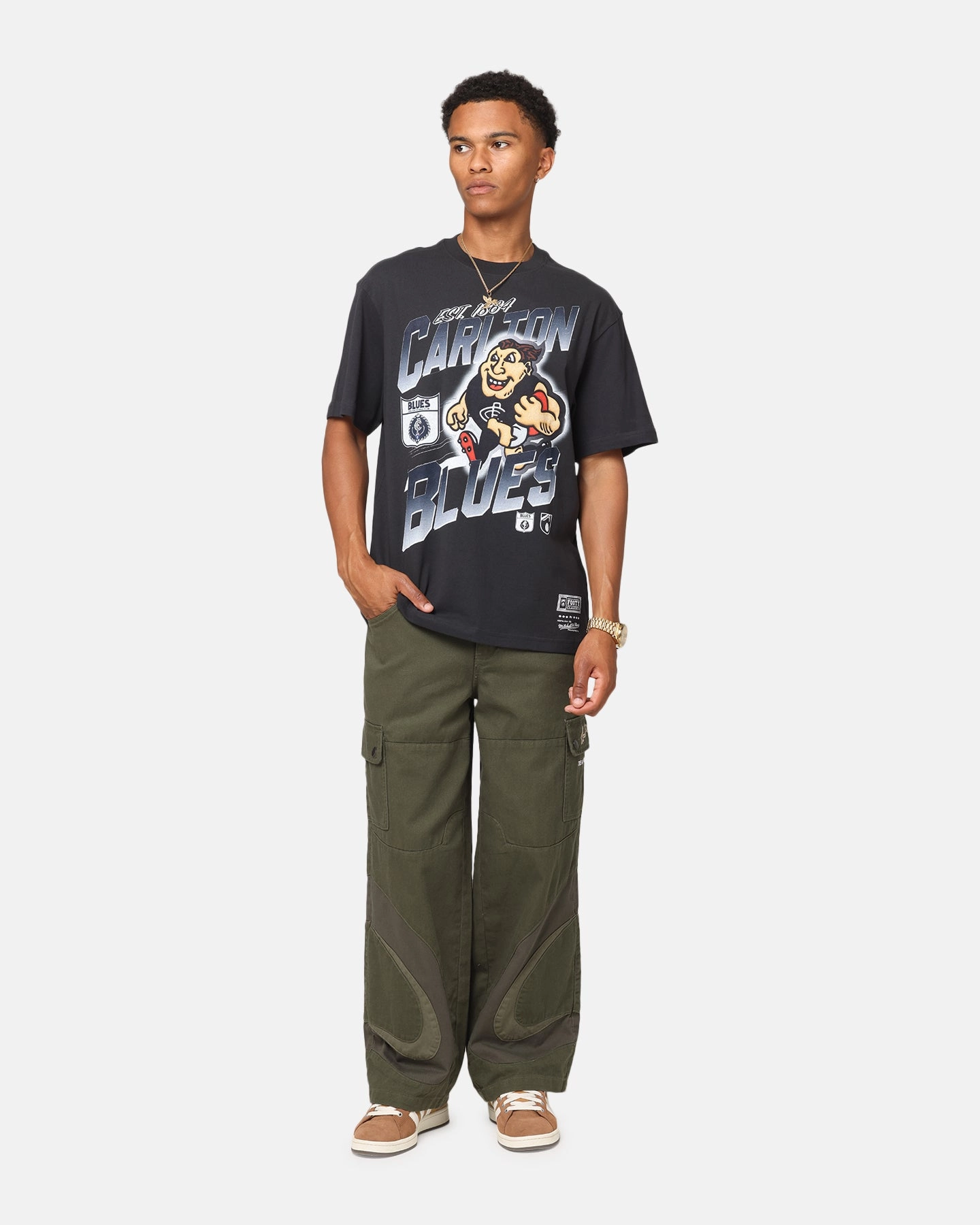 SeamlessSidePanels Fresh Look Mitchell & Ness Carlton Blues Mascot Character T-Shirt Faded Black