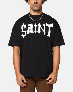 Saint Morta Dynasty Boxy T-Shirt Black Ribbed Collar Design Essential Casual