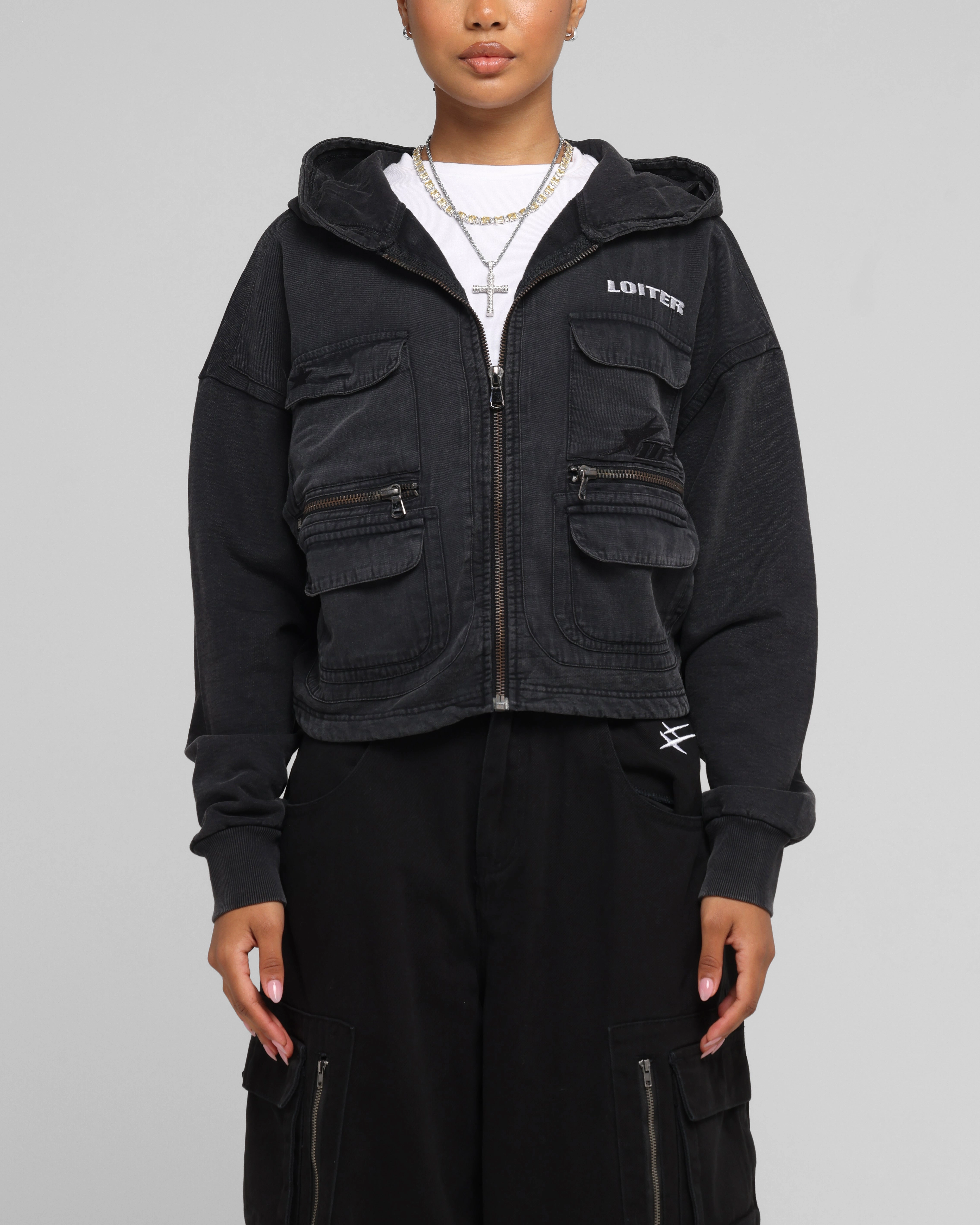 Loiter Women's Utility Cropped Hoodie Washed Black suitable for dance parties Goggles